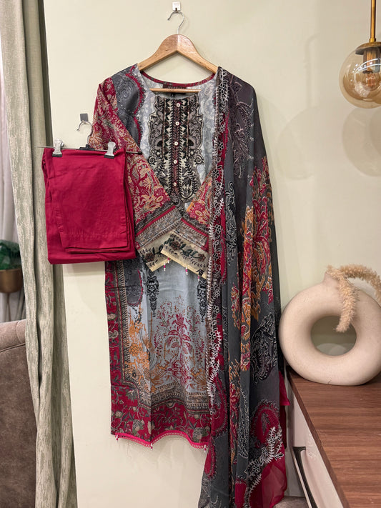 Beautiful printed and  dupatta embroidered suit-3493