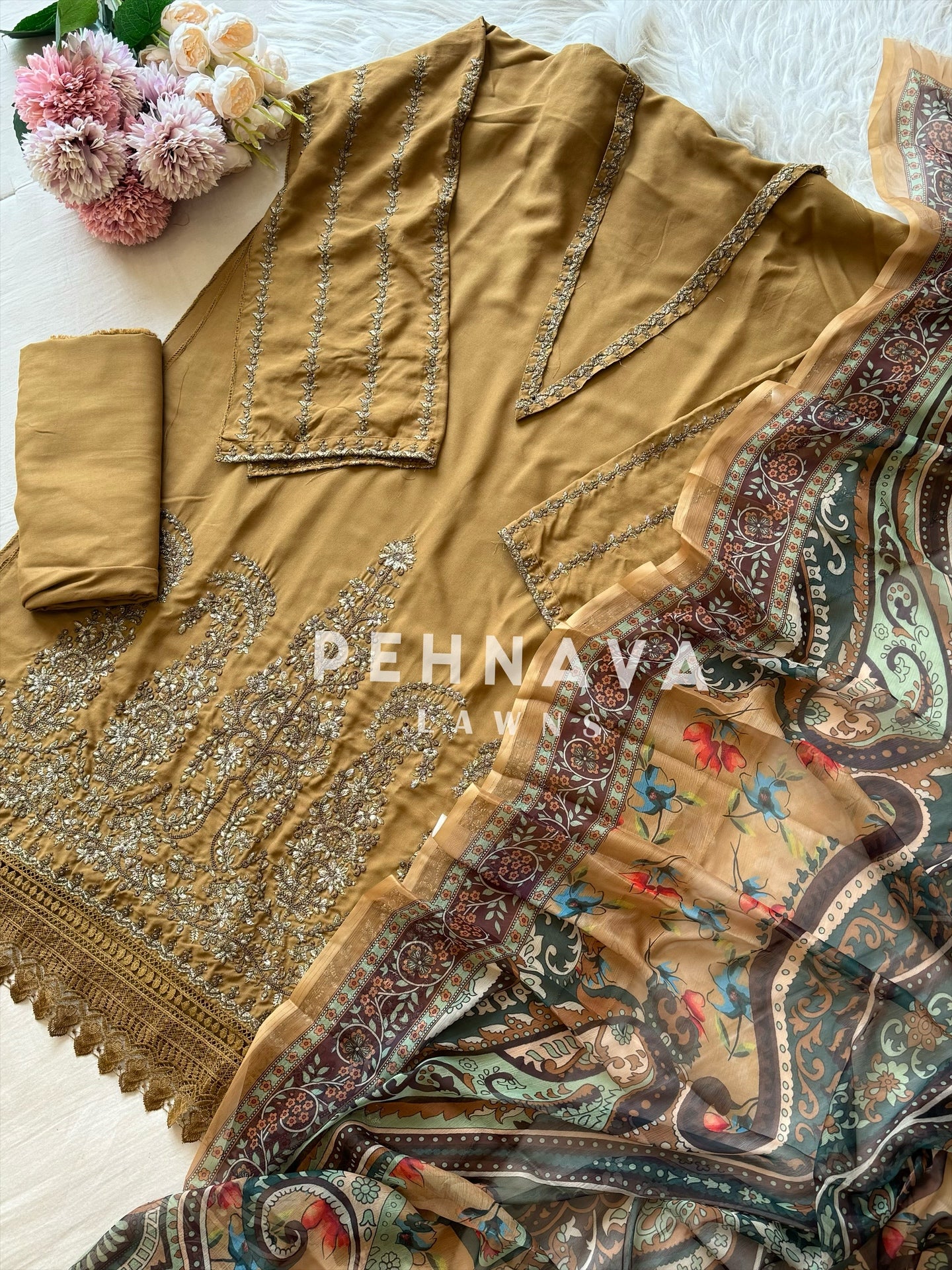 Semistitched Rayon Fully Embroidered Suit-3752