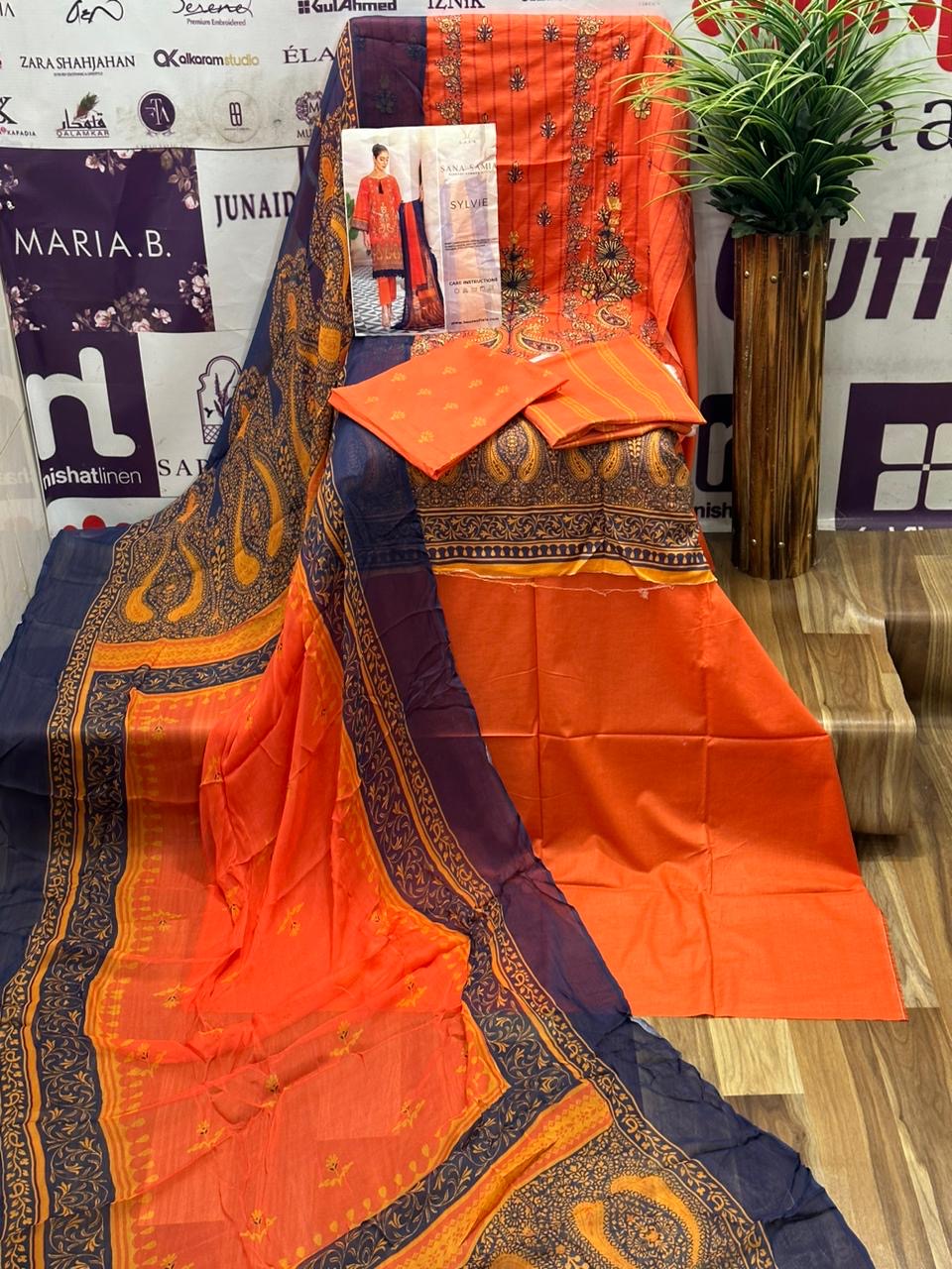 Pure lawn suit with full size chiffon dupatta-orange