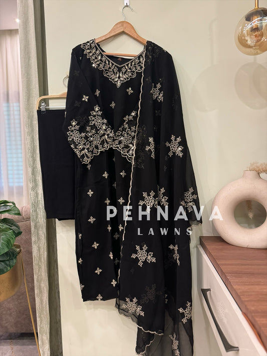 Premium designer ready to wear 3 peice embroidered suit-black