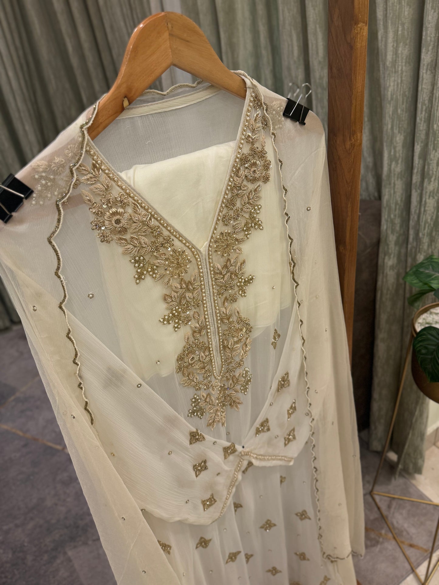 Premium Chiffon handwork suit with  bottom and chiffon scalloped dupatta-Noor