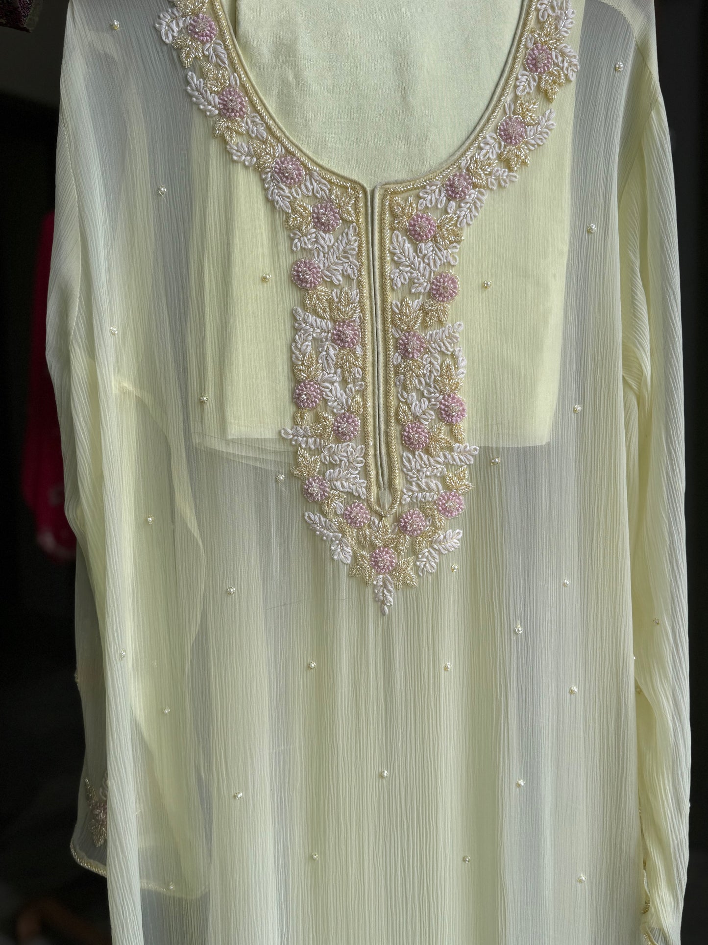 Premium chiffon handwork semi-stitched suit-Lemon yellow