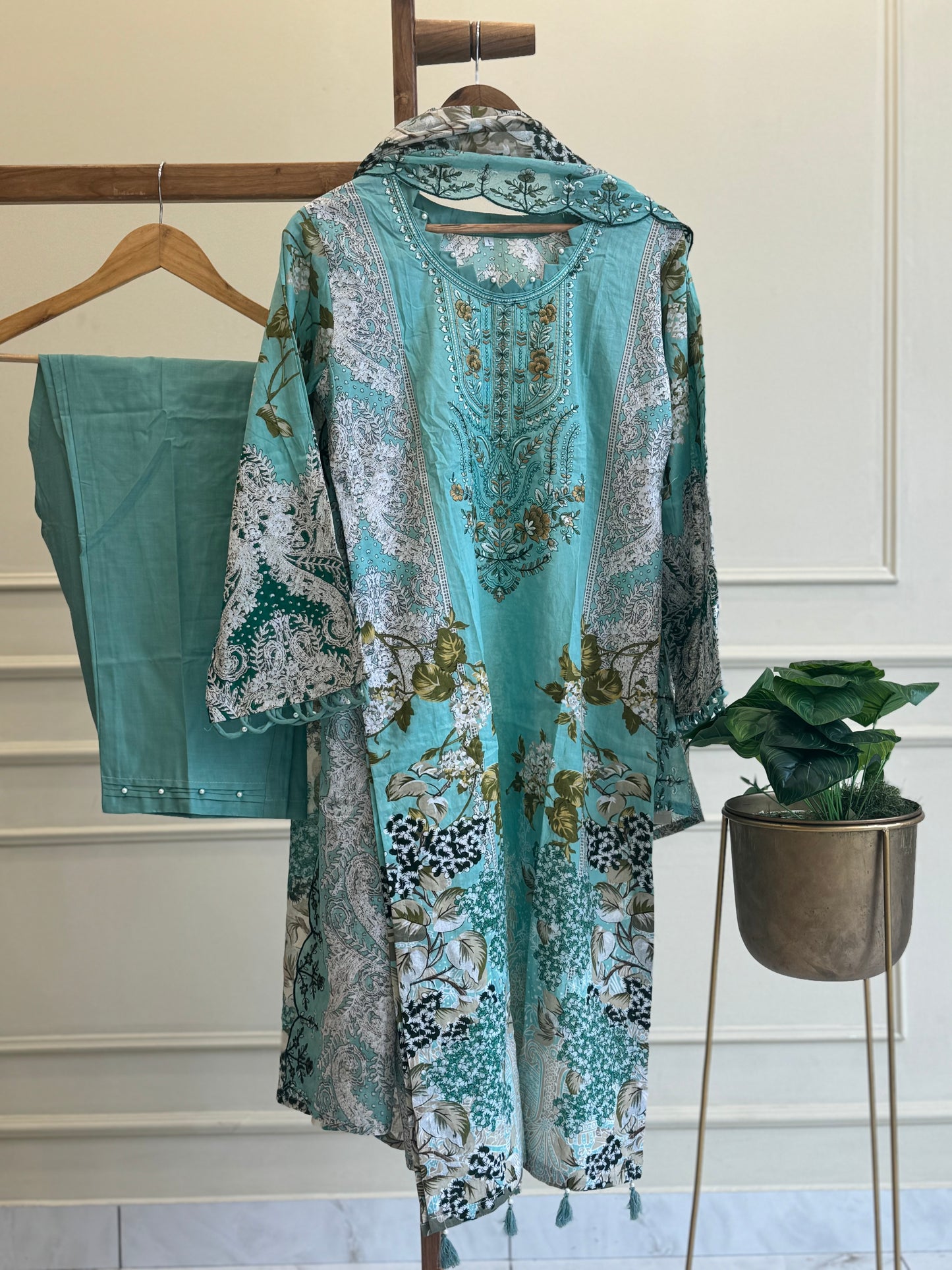 Embroidered casual suit with cotton embroidered dupatta-blue