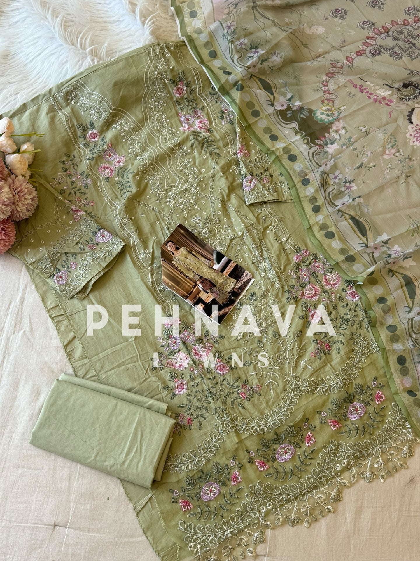 Cotton Embroidered Suit with Chiffon Dupatta-3776