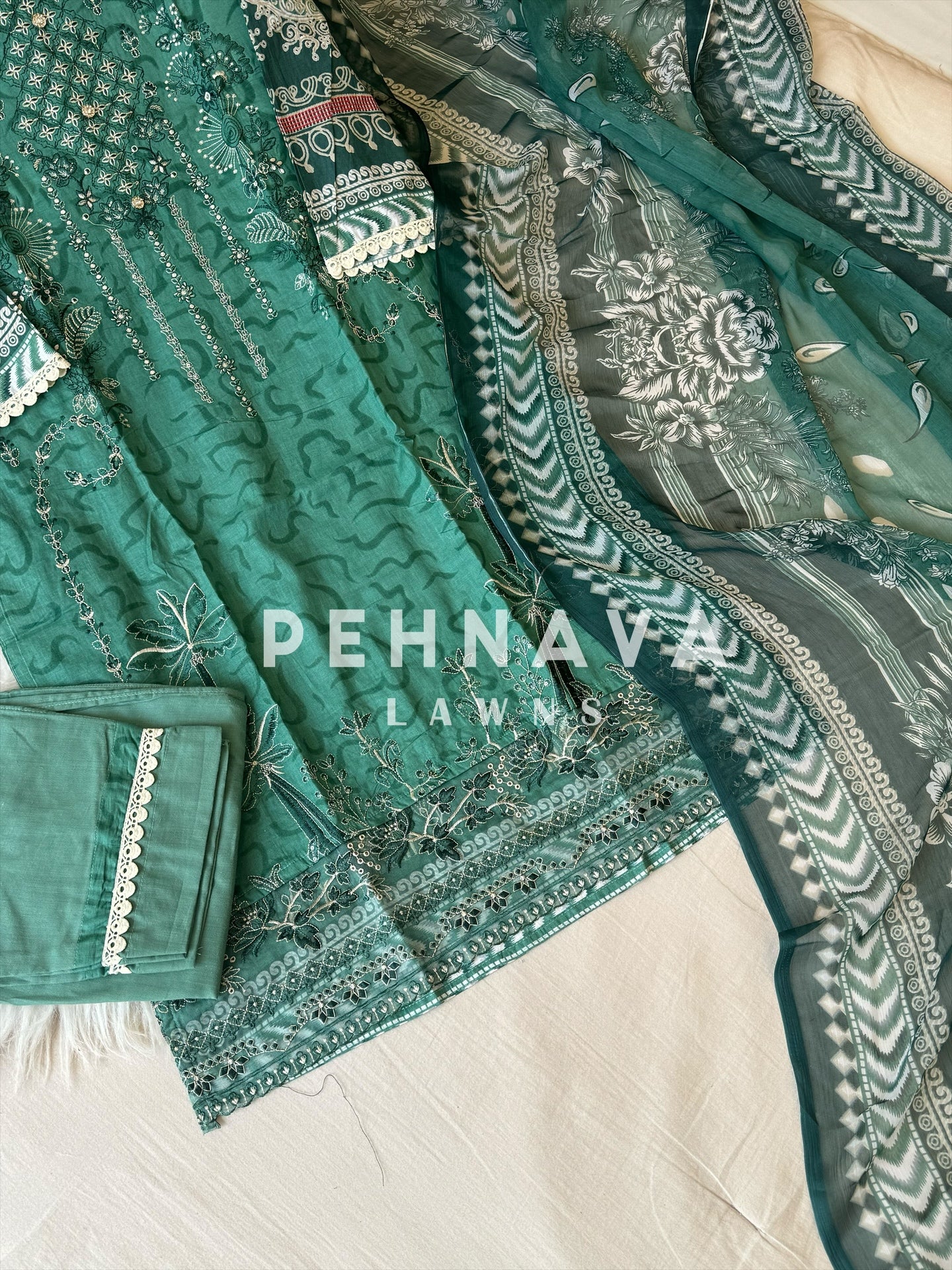 Cotton embroidered with chiffon Dupatta -3433 green