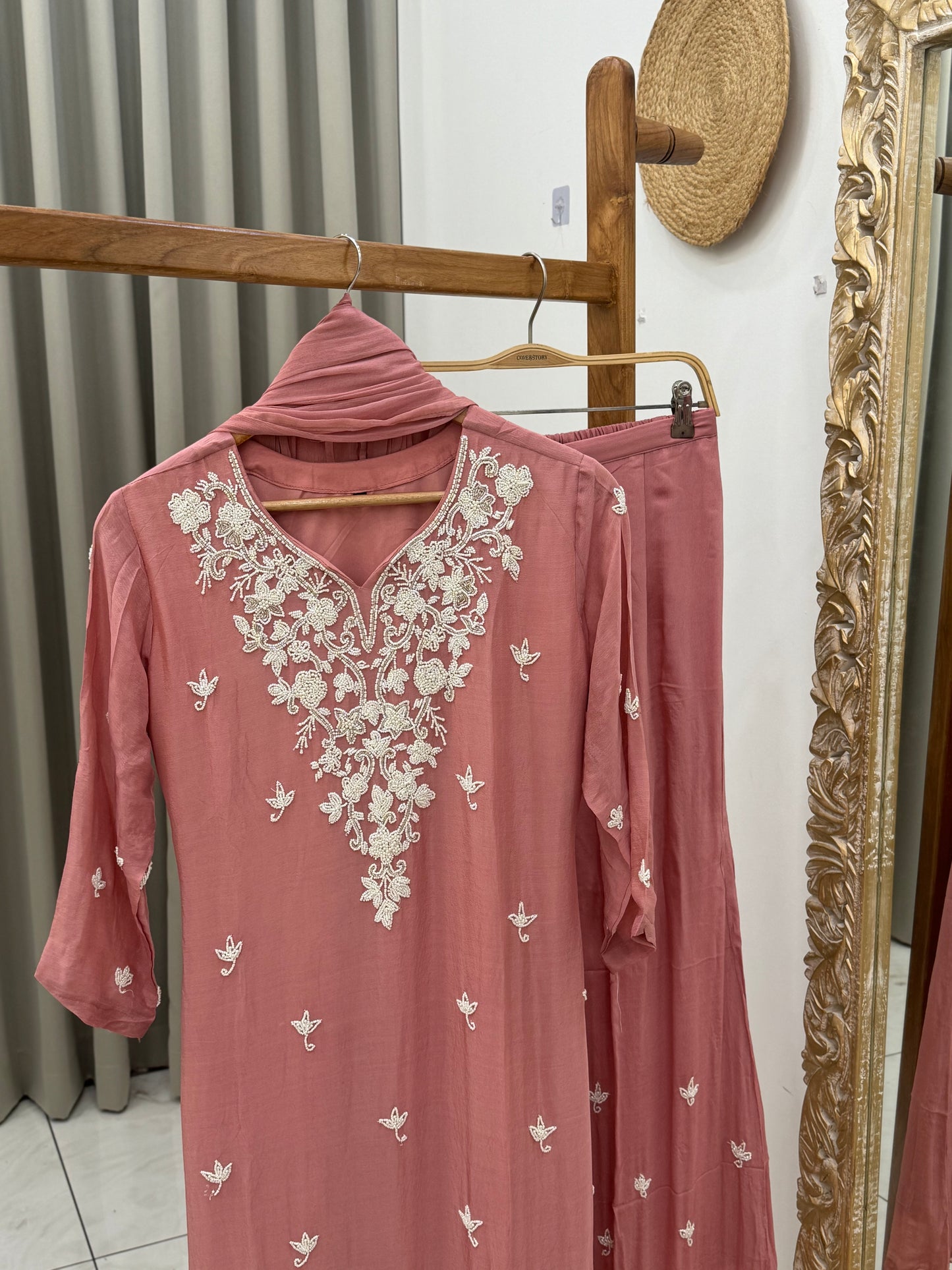 Chinnon pearl work suit-with embroidered wide palazzo