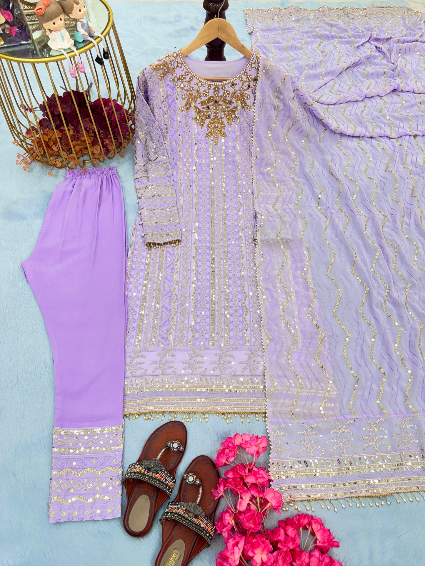 Lavender Embroidered georgette suit with mirror embroidery and moti latkan