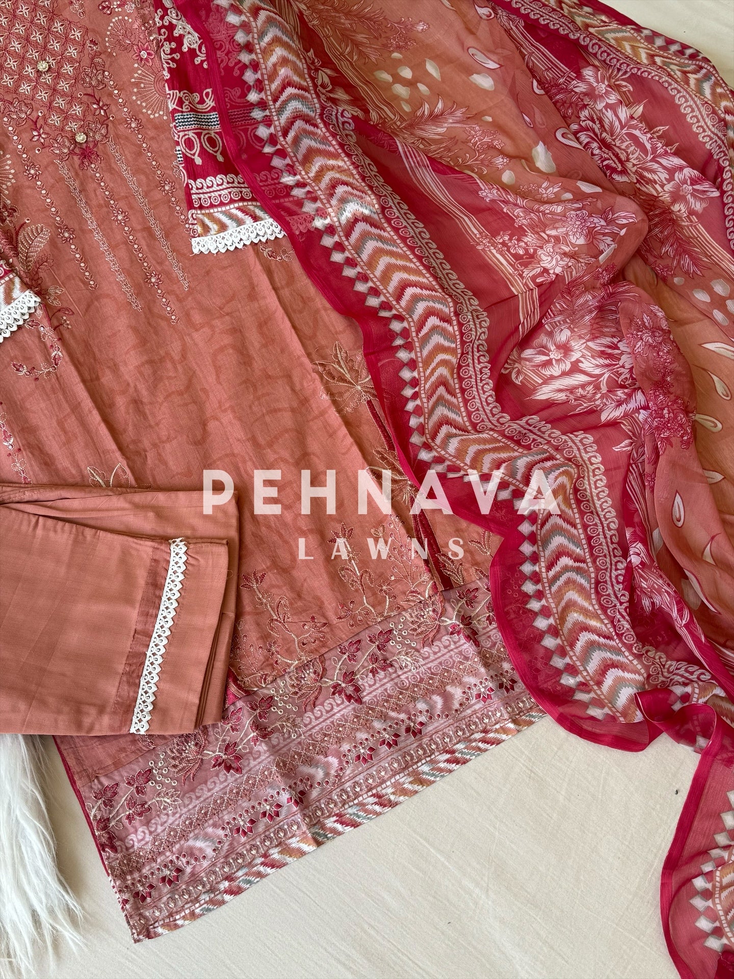 Cotton embroidered with chiffon Dupatta -3433 peach