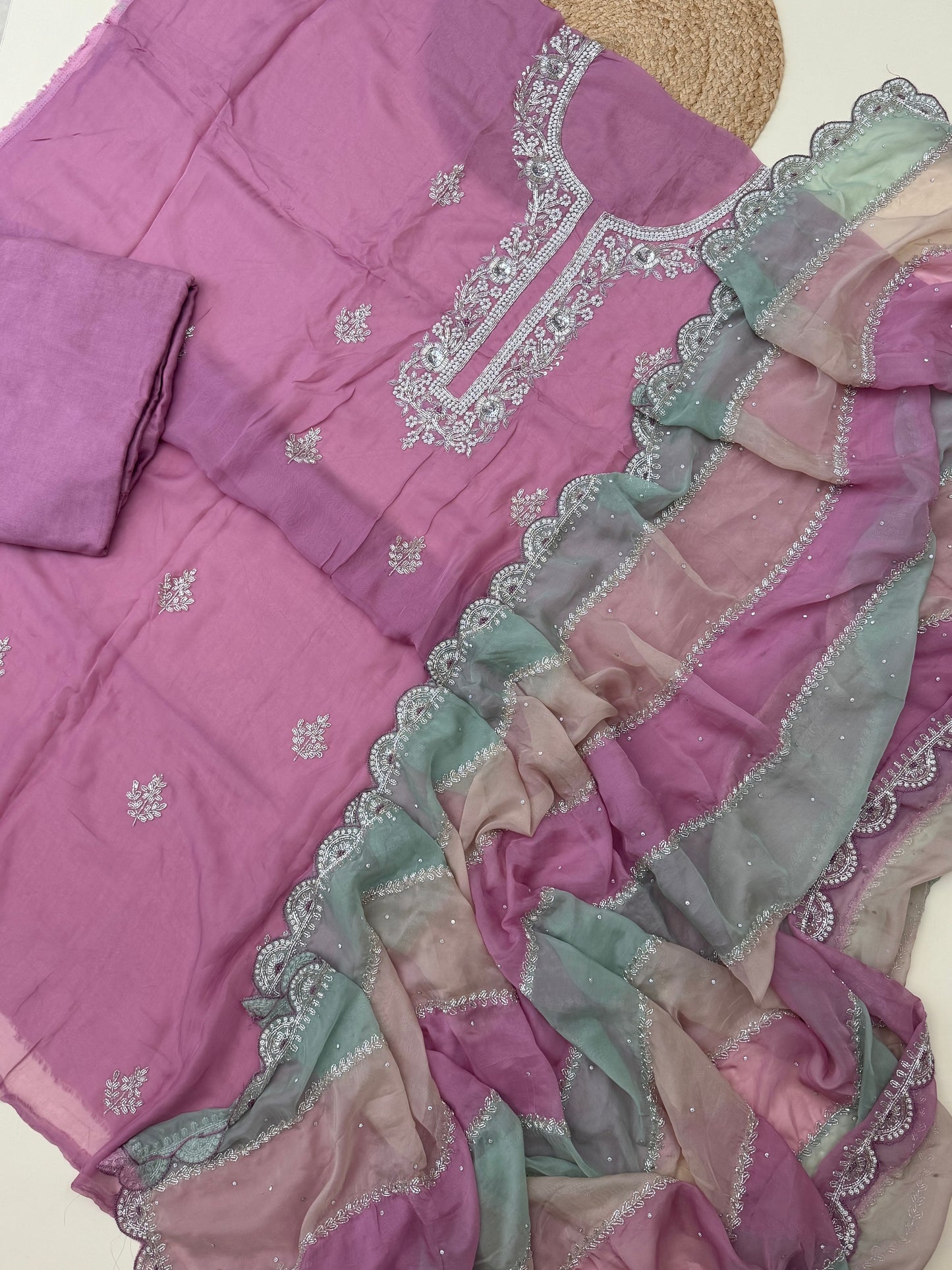 Premium viscose organza with  fully handworked dupatta