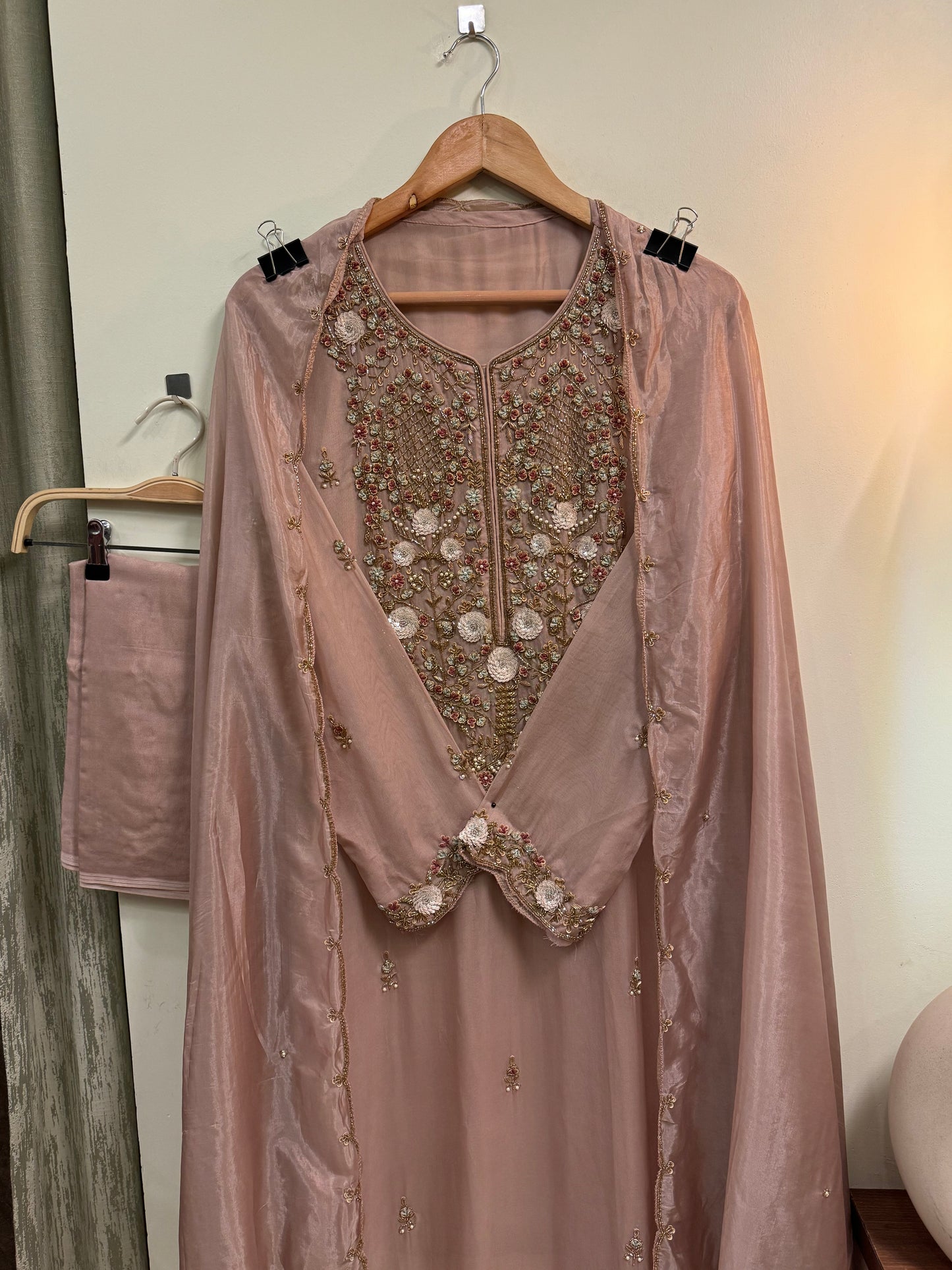 Premium organza handwork semi-stitched suit-mauve