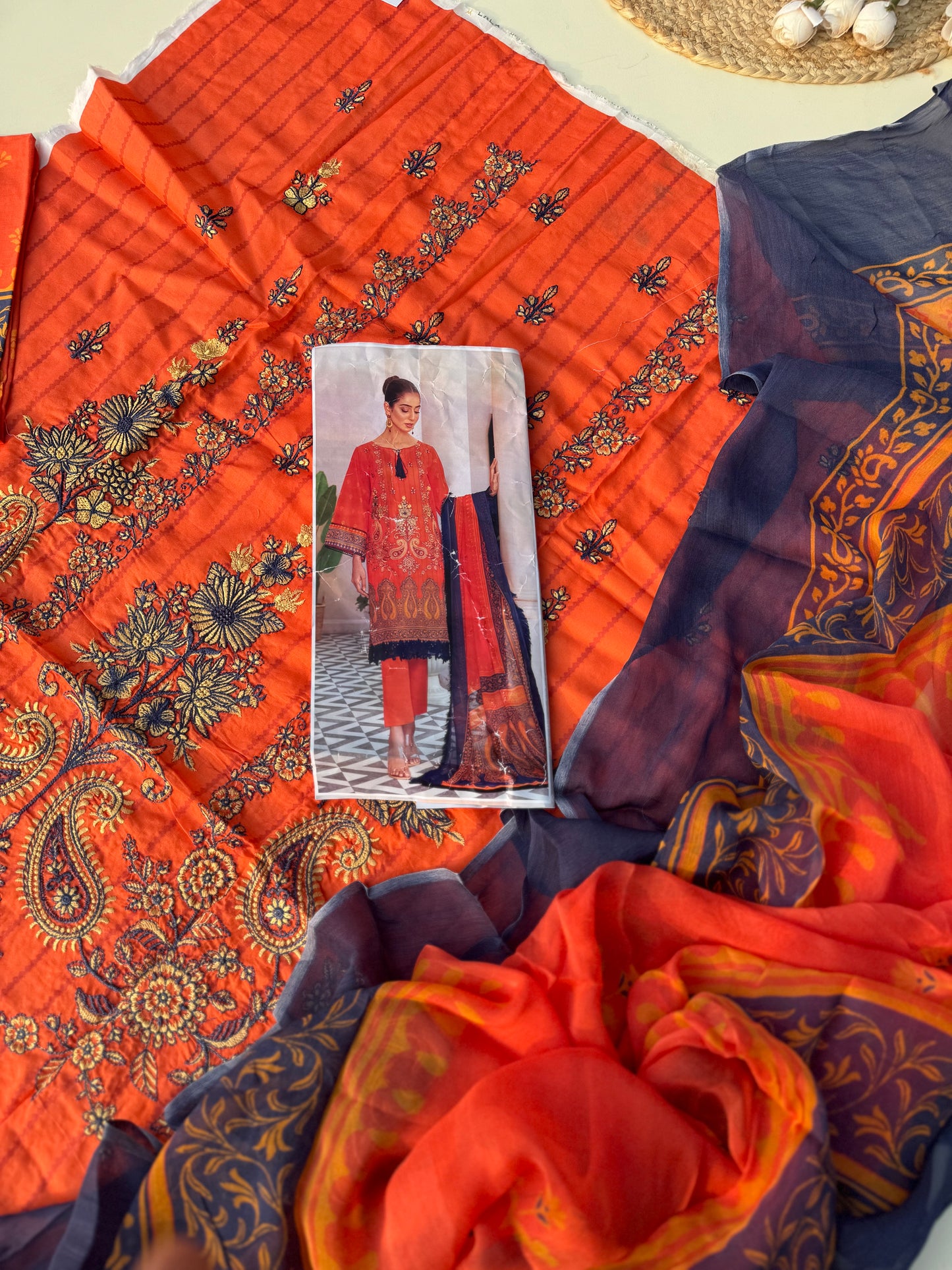 Pure lawn suit with full size chiffon dupatta-orange