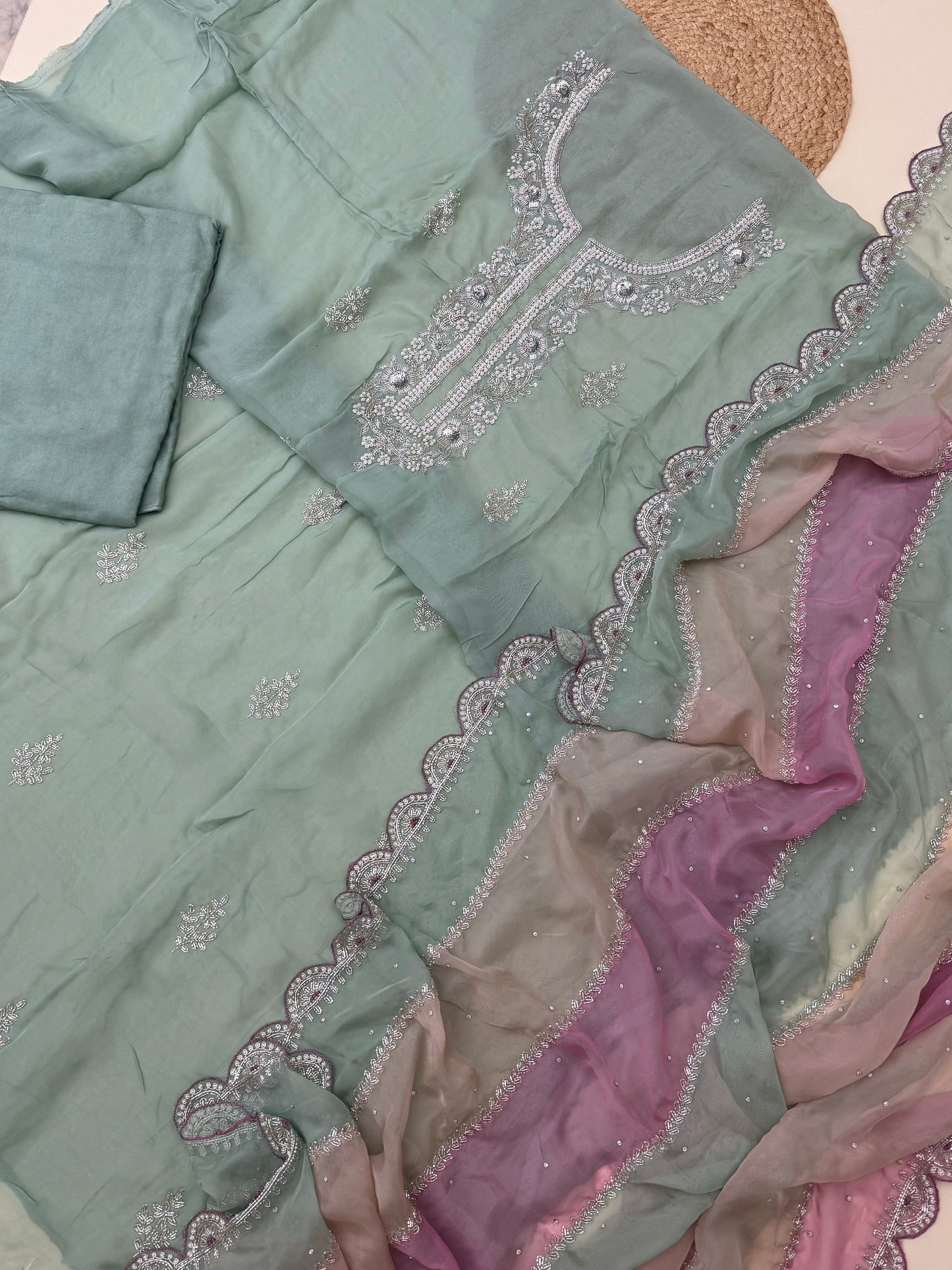 Premium viscose organza with  fully handworked dupatta