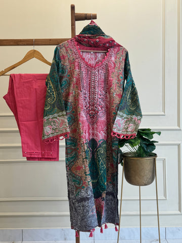 Embroidered casual suit with cotton embroidered dupatta-pink-green