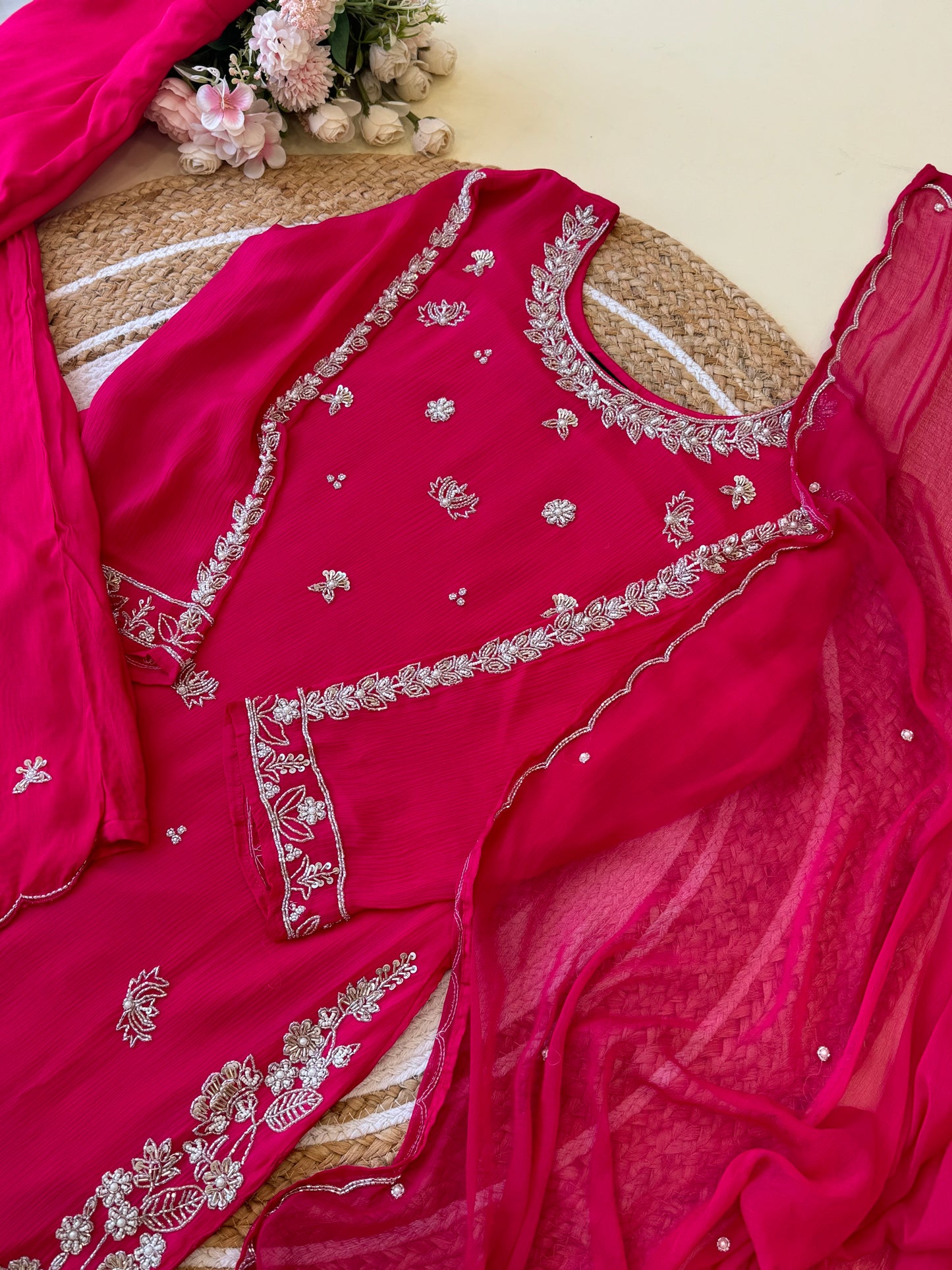 chinnon stitched suit with hand work detailings-hot pink