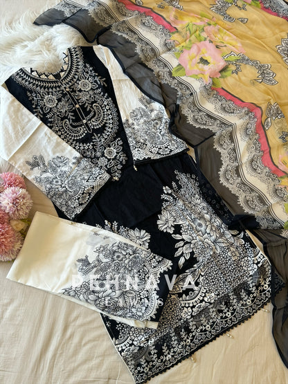 Printed casual suit with chiffon dupatta- ez B/W