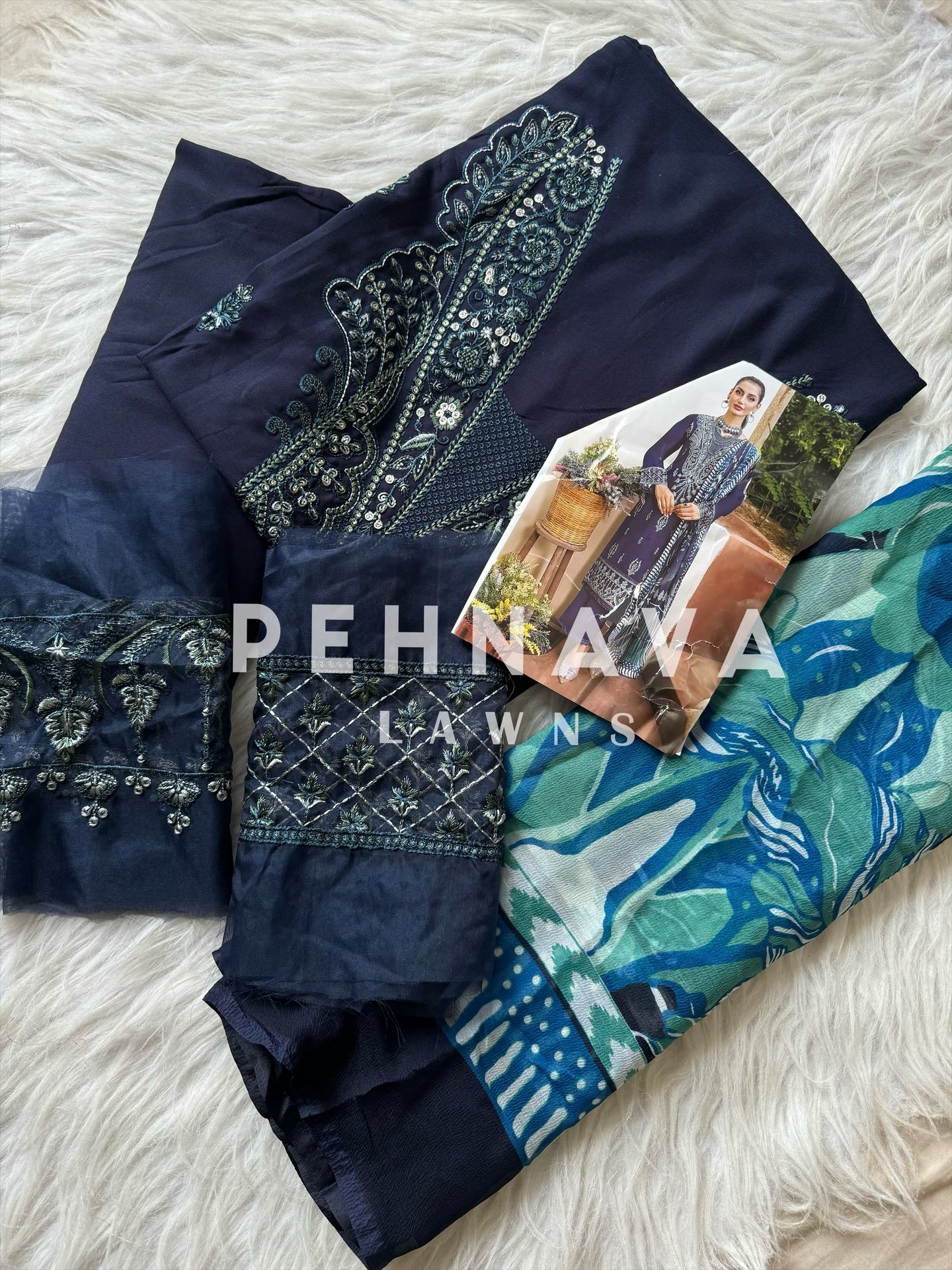 Embroidered cotton suit with chiffon dupatta - 3437