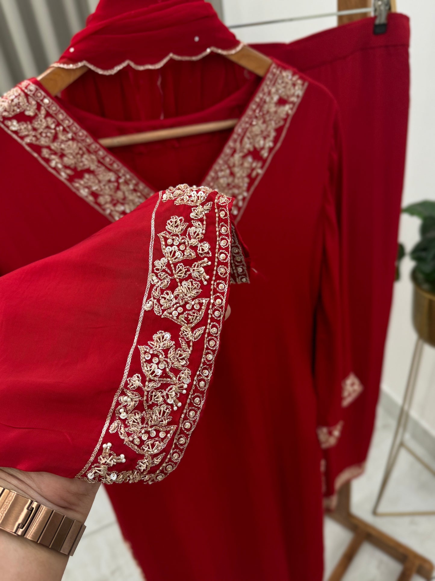 Pure crepe hand embroidered suit with scalloped Dupatta