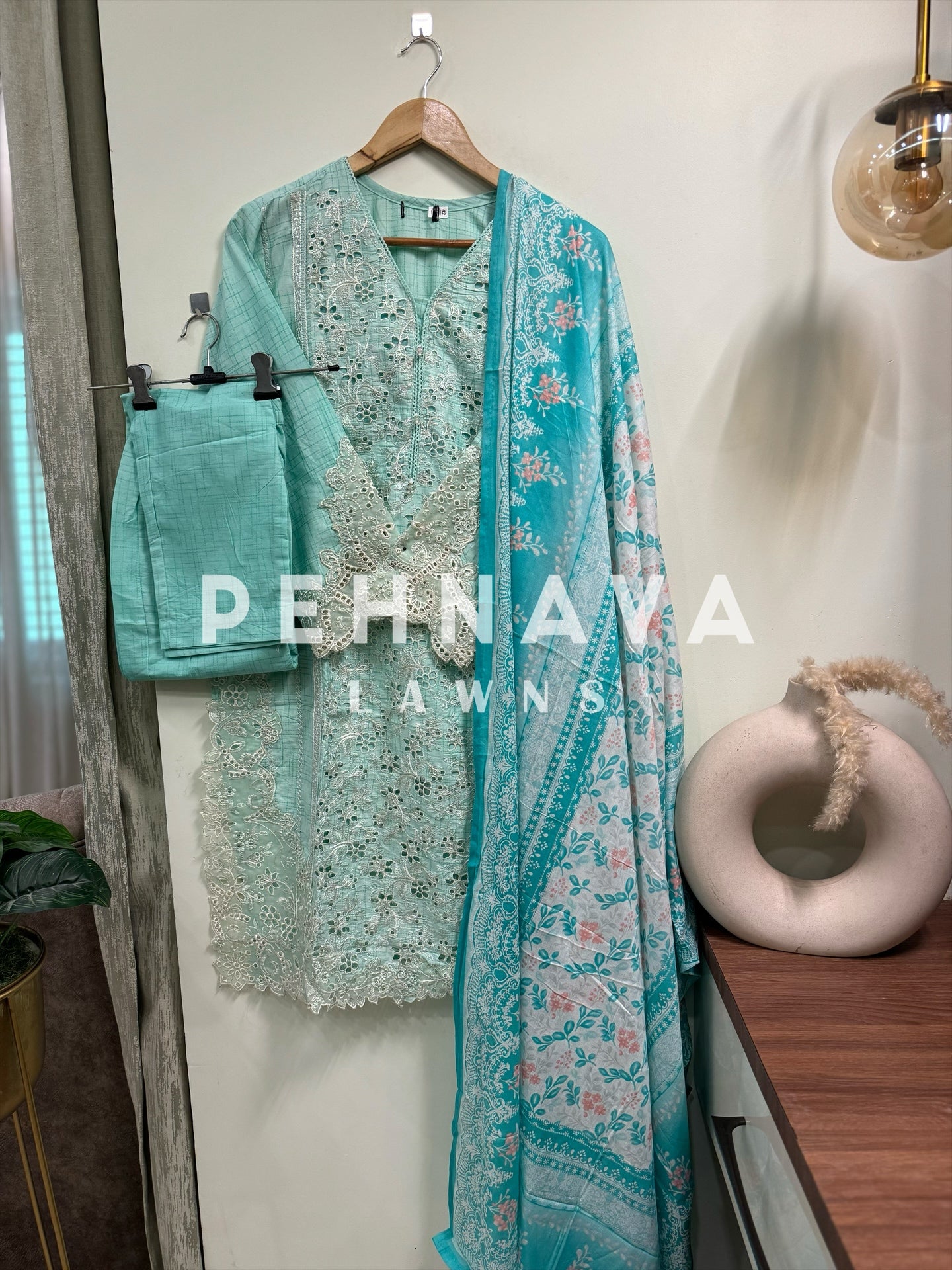 Cutwork embroidered suit with cotton dupatta-3