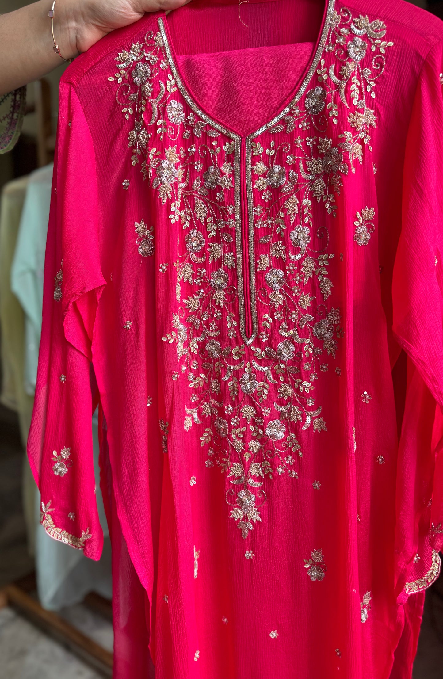 Premium Chinnon handwork semi-stitched suit-hot pink