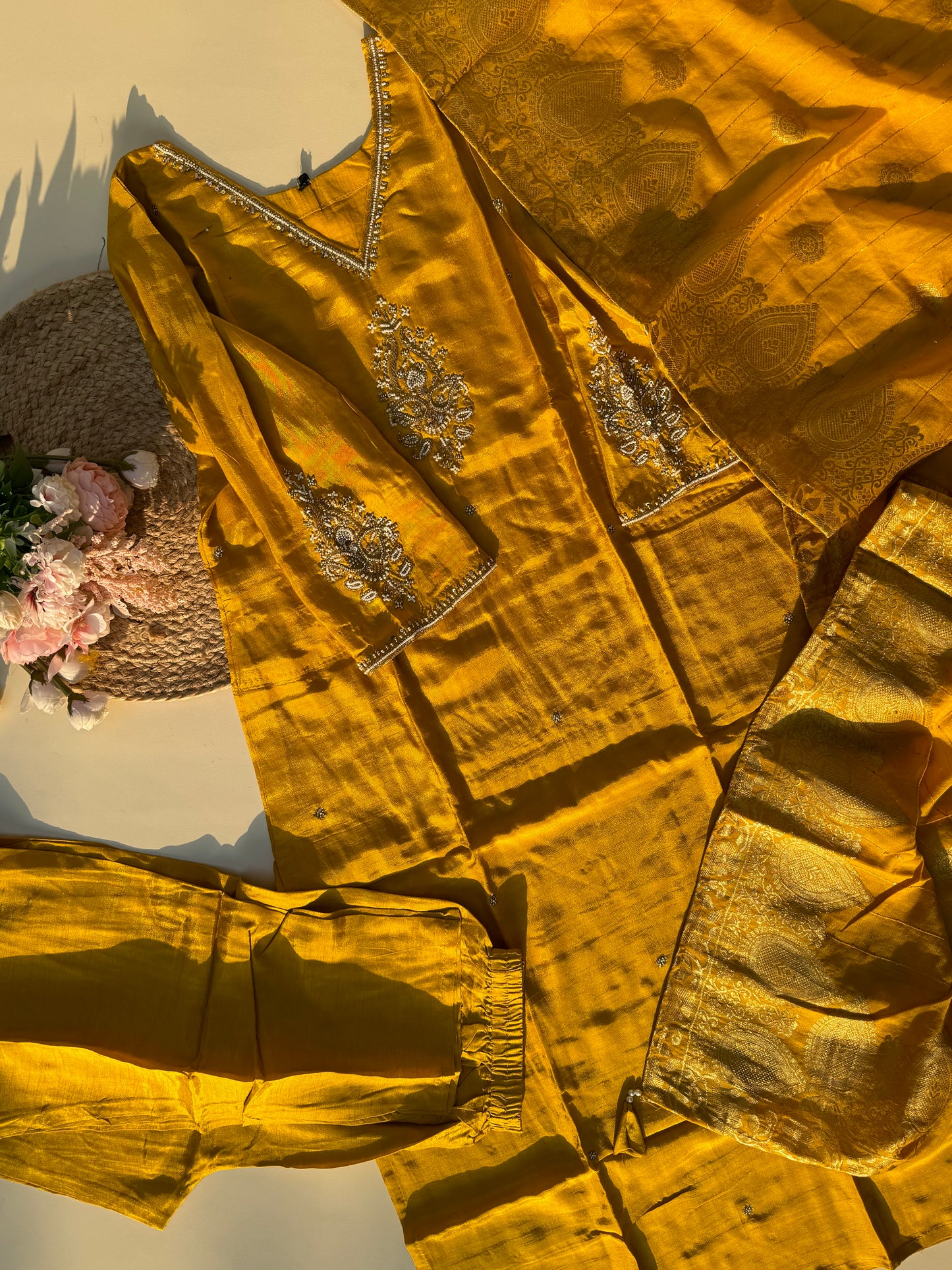 Silk stitched suit with neck detailing and banarsi woven dupatta