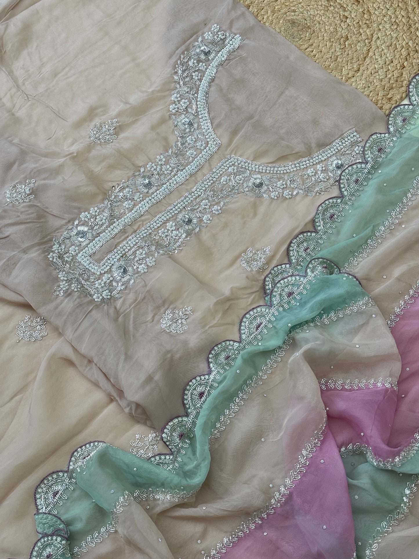 Premium viscose organza with  fully handworked dupatta