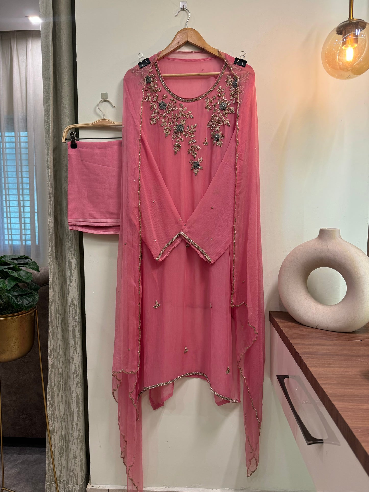 Premium chiffon handwork semi-stitched suit-pink