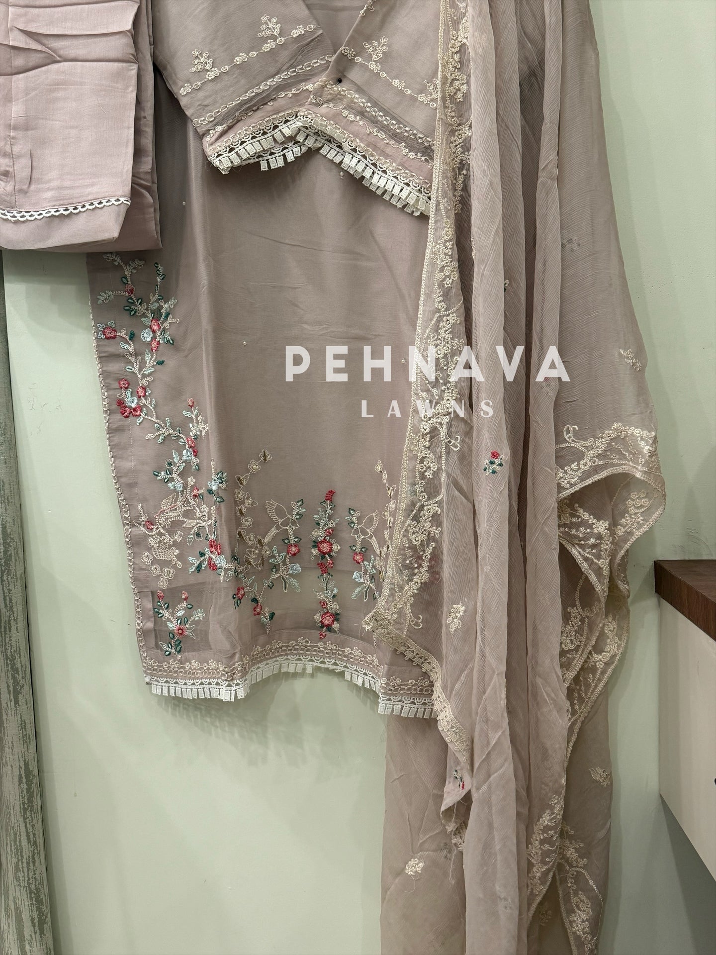 Embroidered chiffon suit with handwork detailing-1223