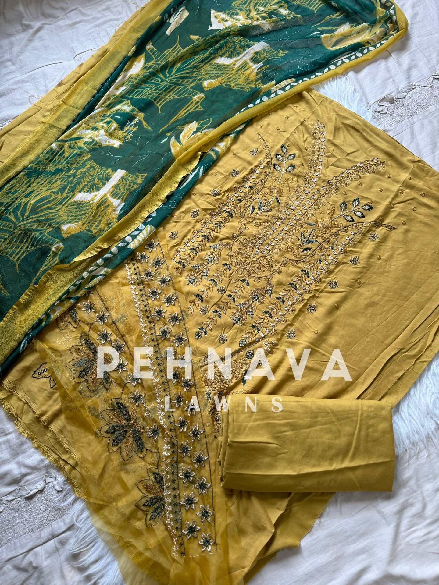 Embroidered cotton suit with chiffon dupatta - 3436