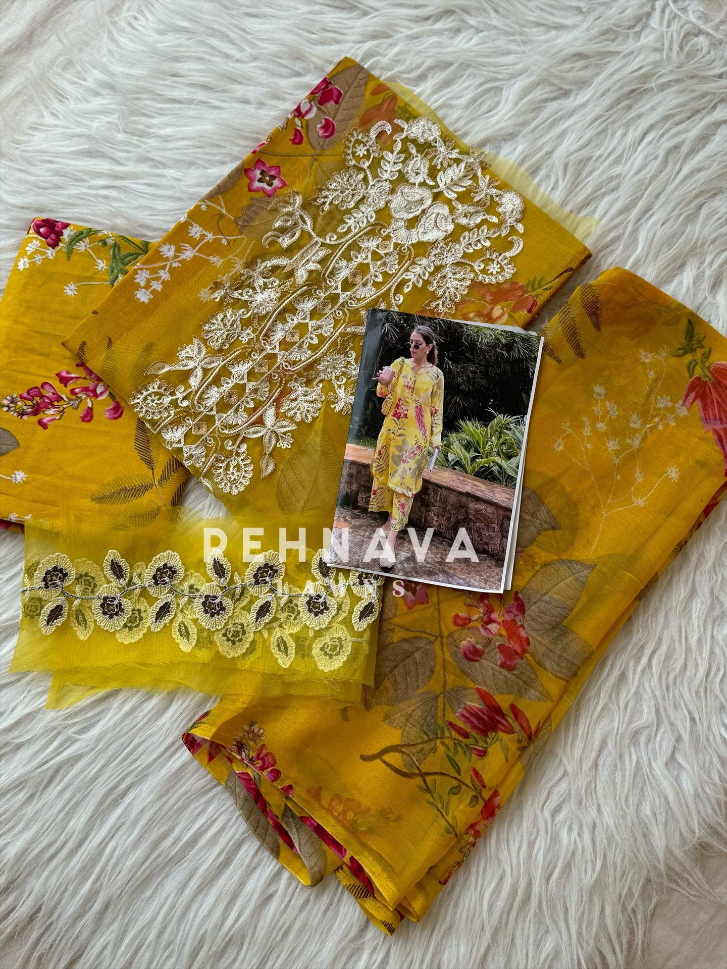 Printed casual suit with chiffon dupatta-fr yellow