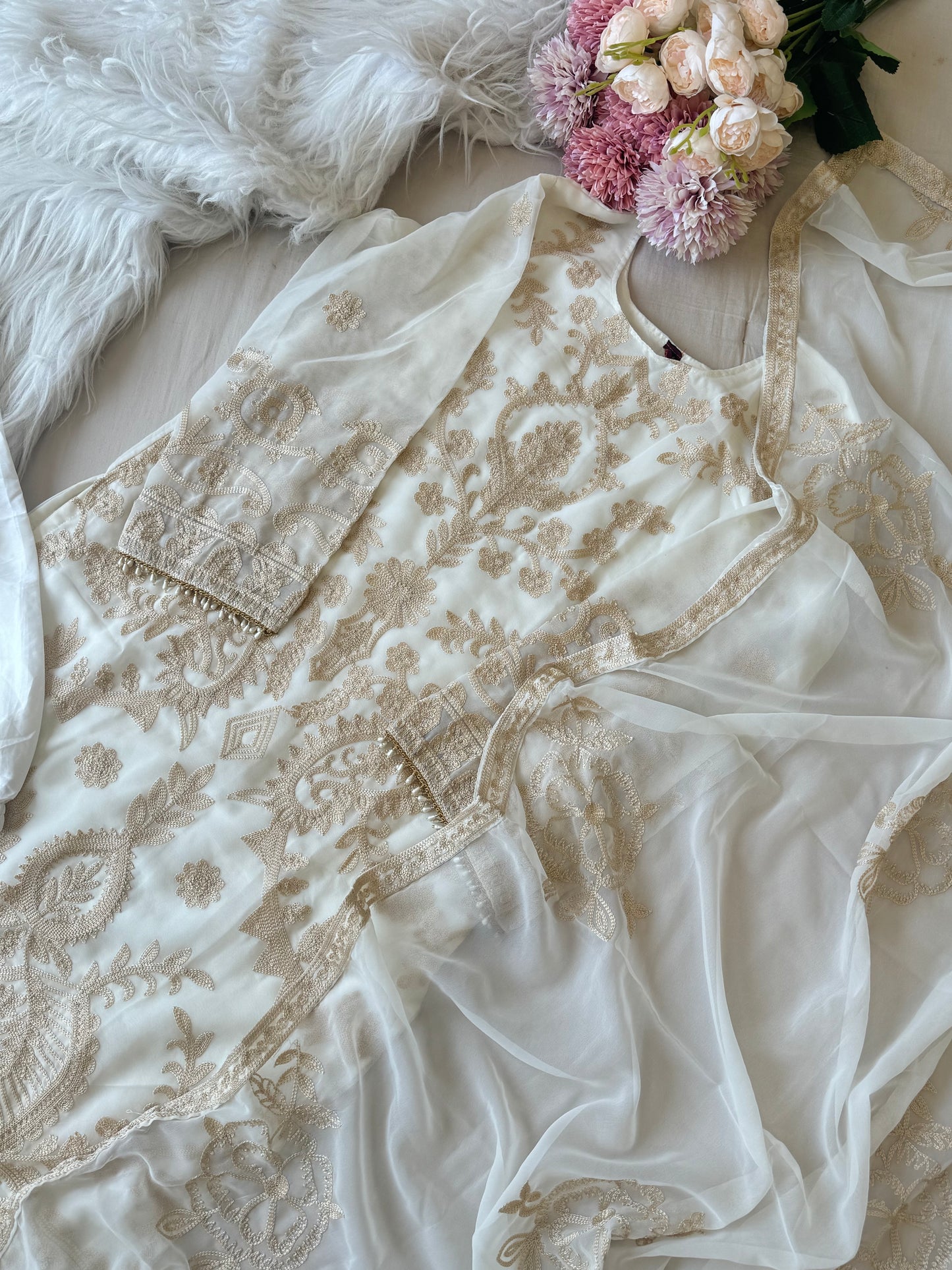 Embroidered georgette suit with moti latkan-off white