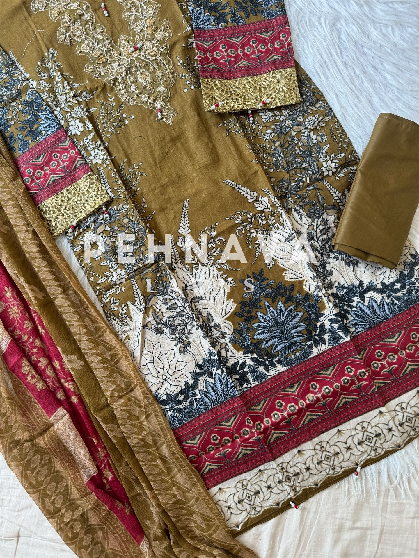 Printed cotton suit with chiffon dupatta-1004