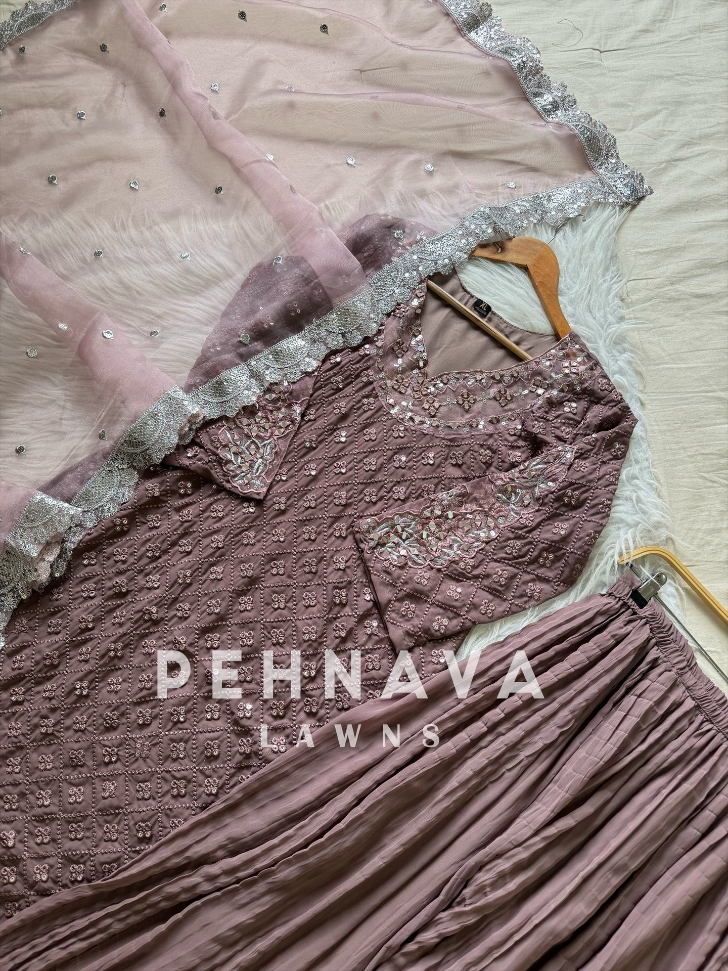 Designer party wear long pakistani suit-mauve