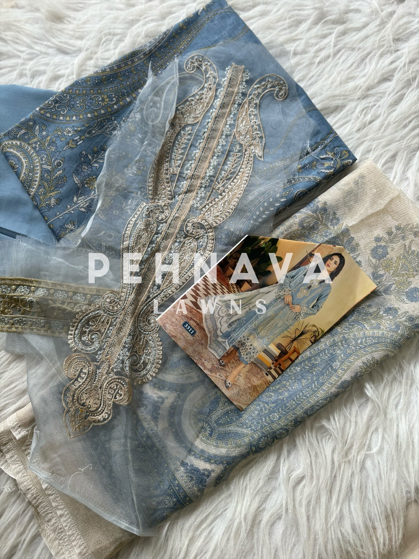 Beautiful blue Printed casual suit with chiffon dupatta -3311