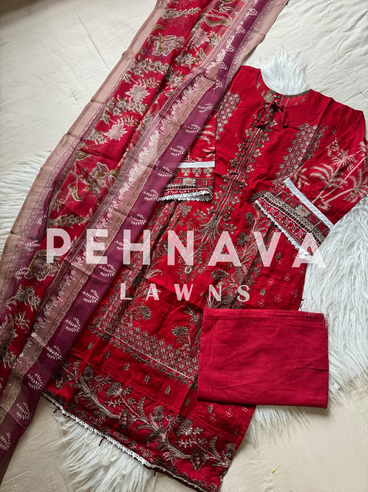 Embroidered cotton suit with chiffon dupatta -color options