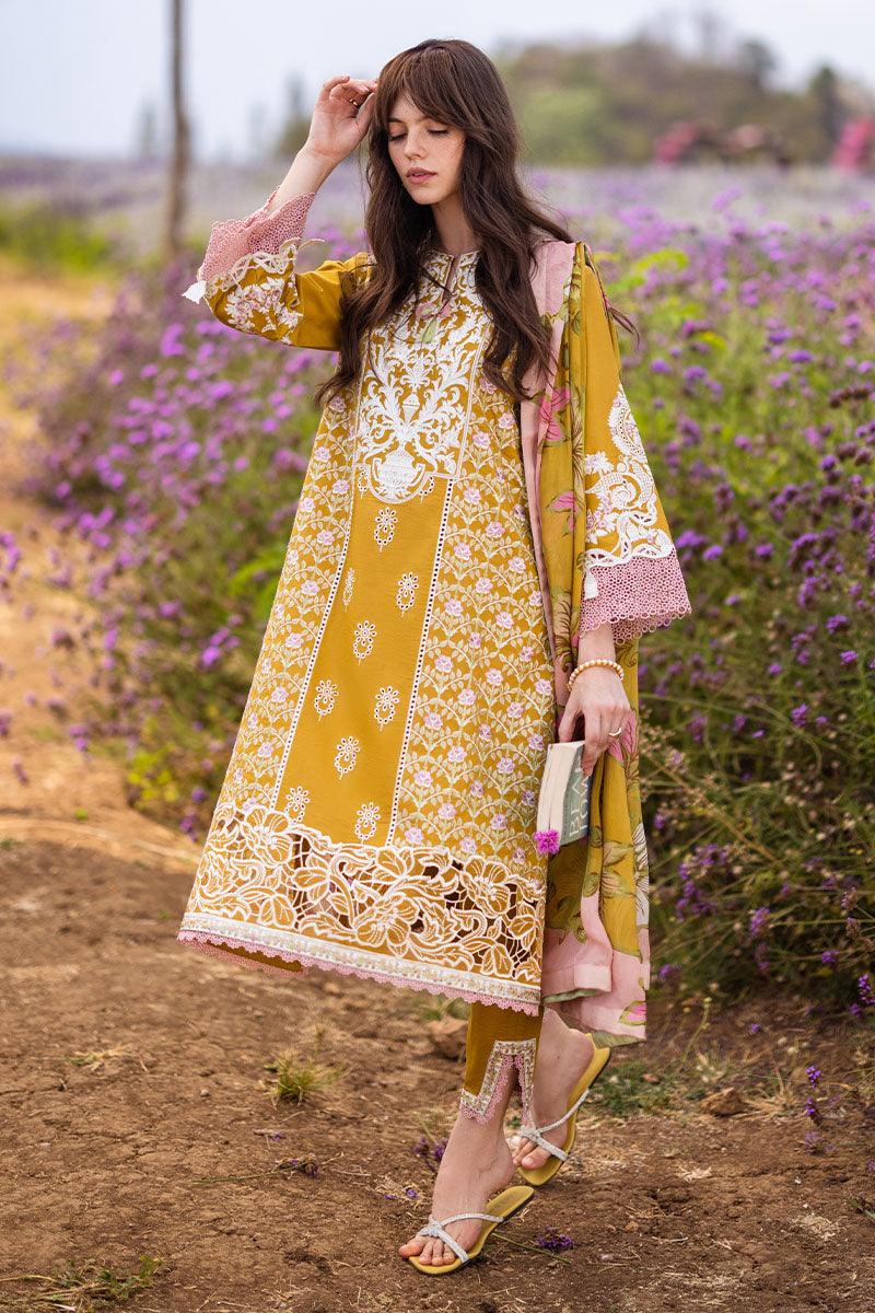 Rayon heavy embroidered semi stitch suit-yellow