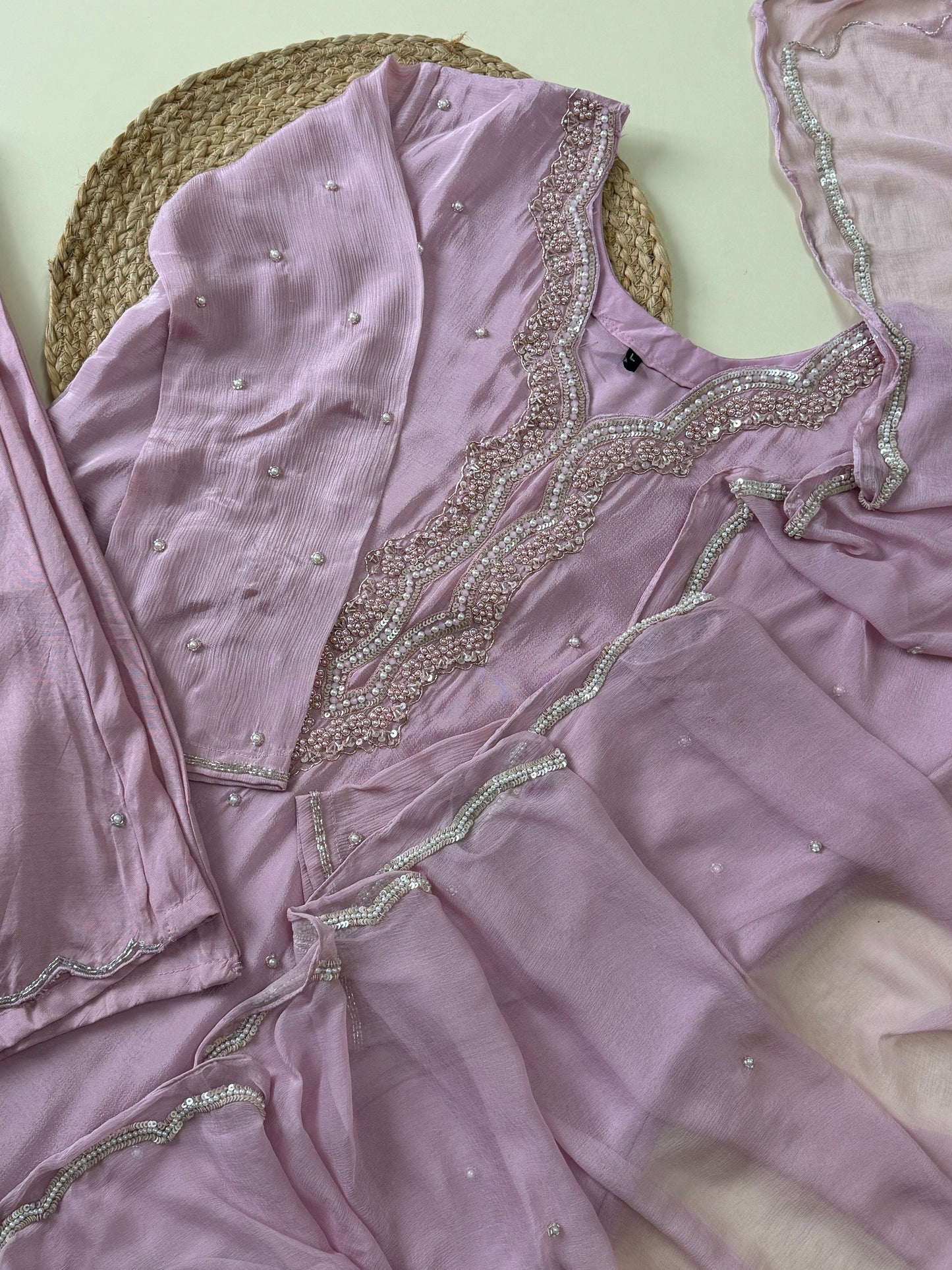 Pure chinnon stitched suit with hand work detailings-lilac