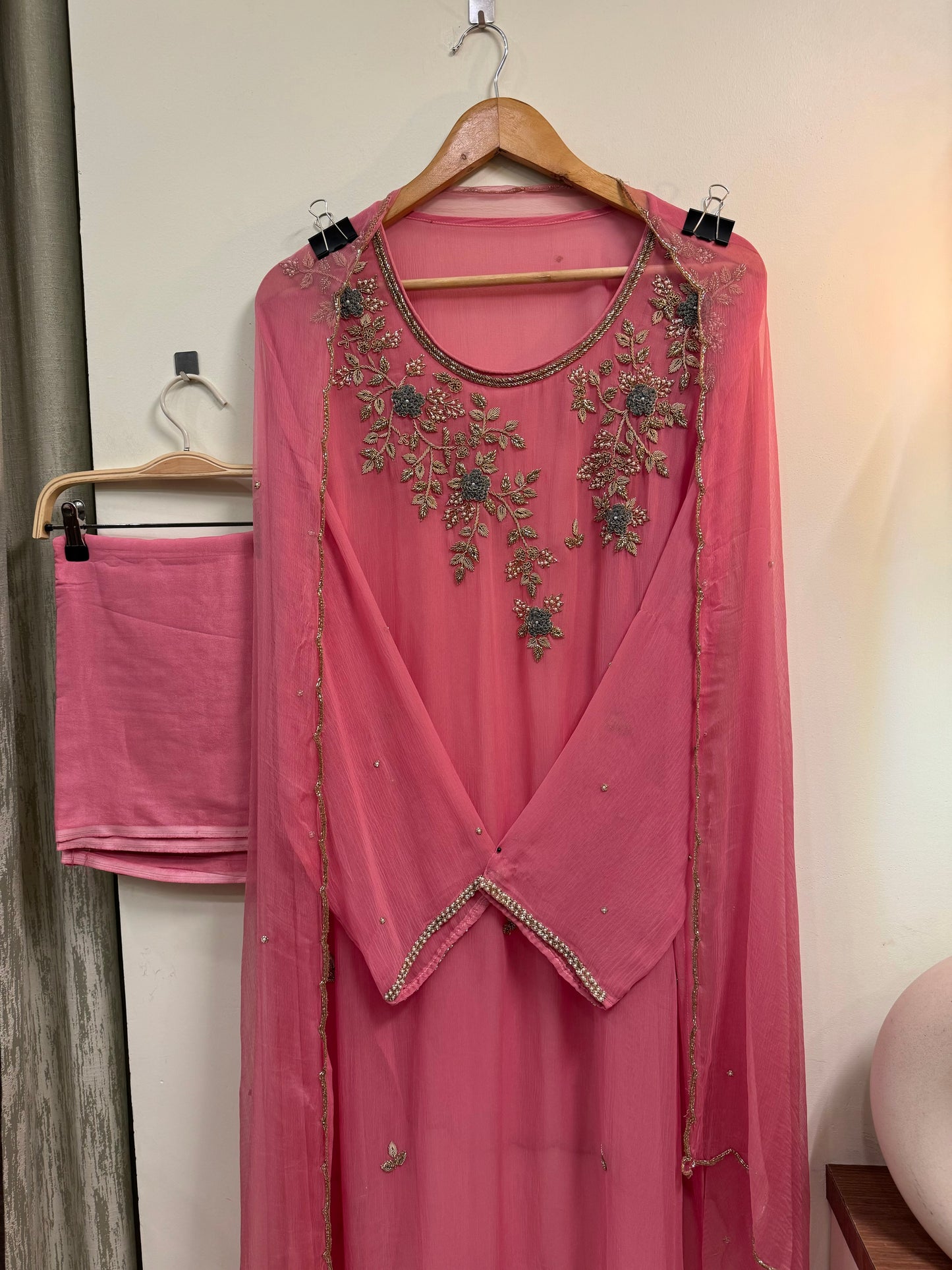 Premium chiffon handwork semi-stitched suit-pink