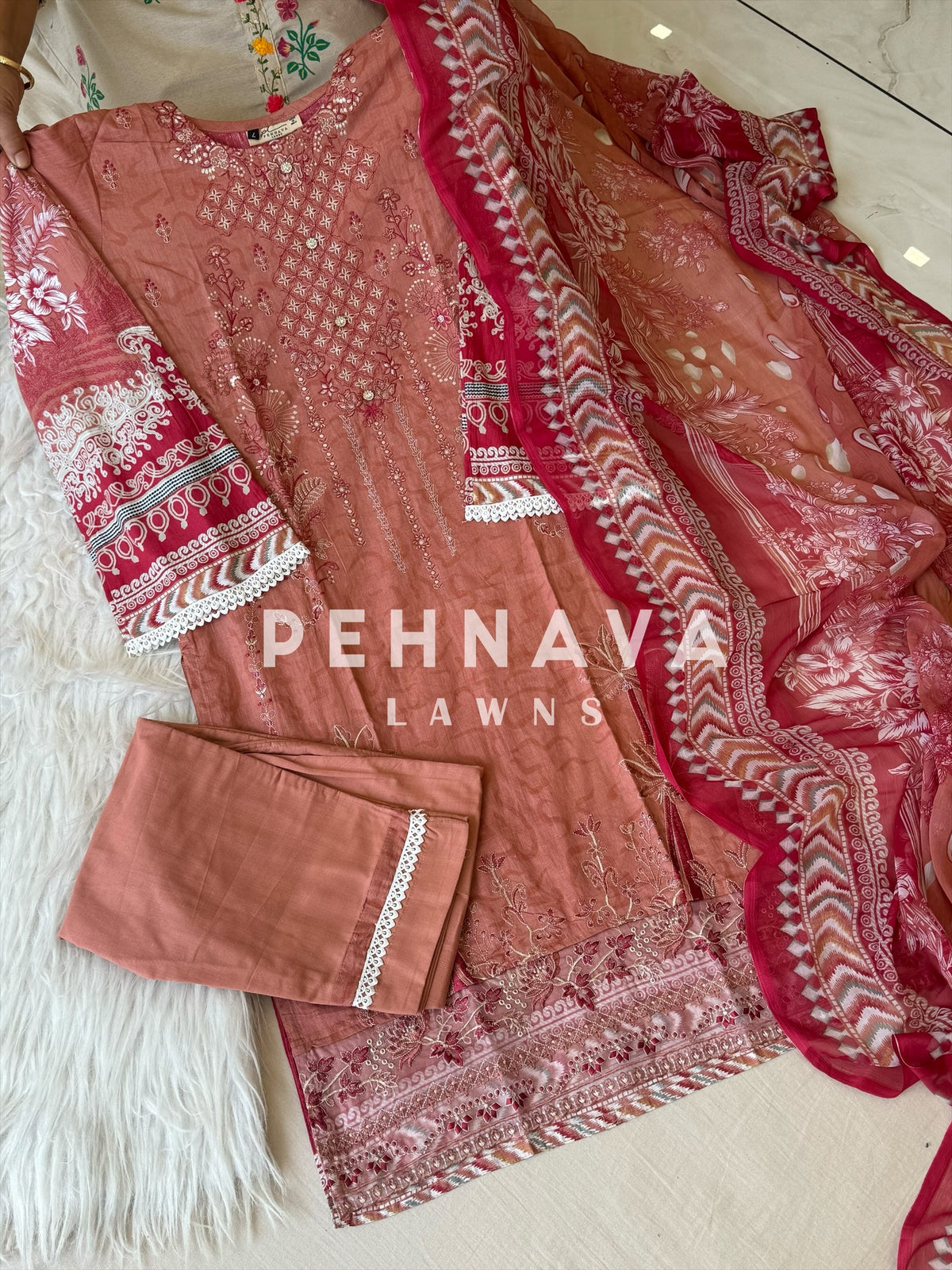 Cotton embroidered with chiffon Dupatta -3433 peach