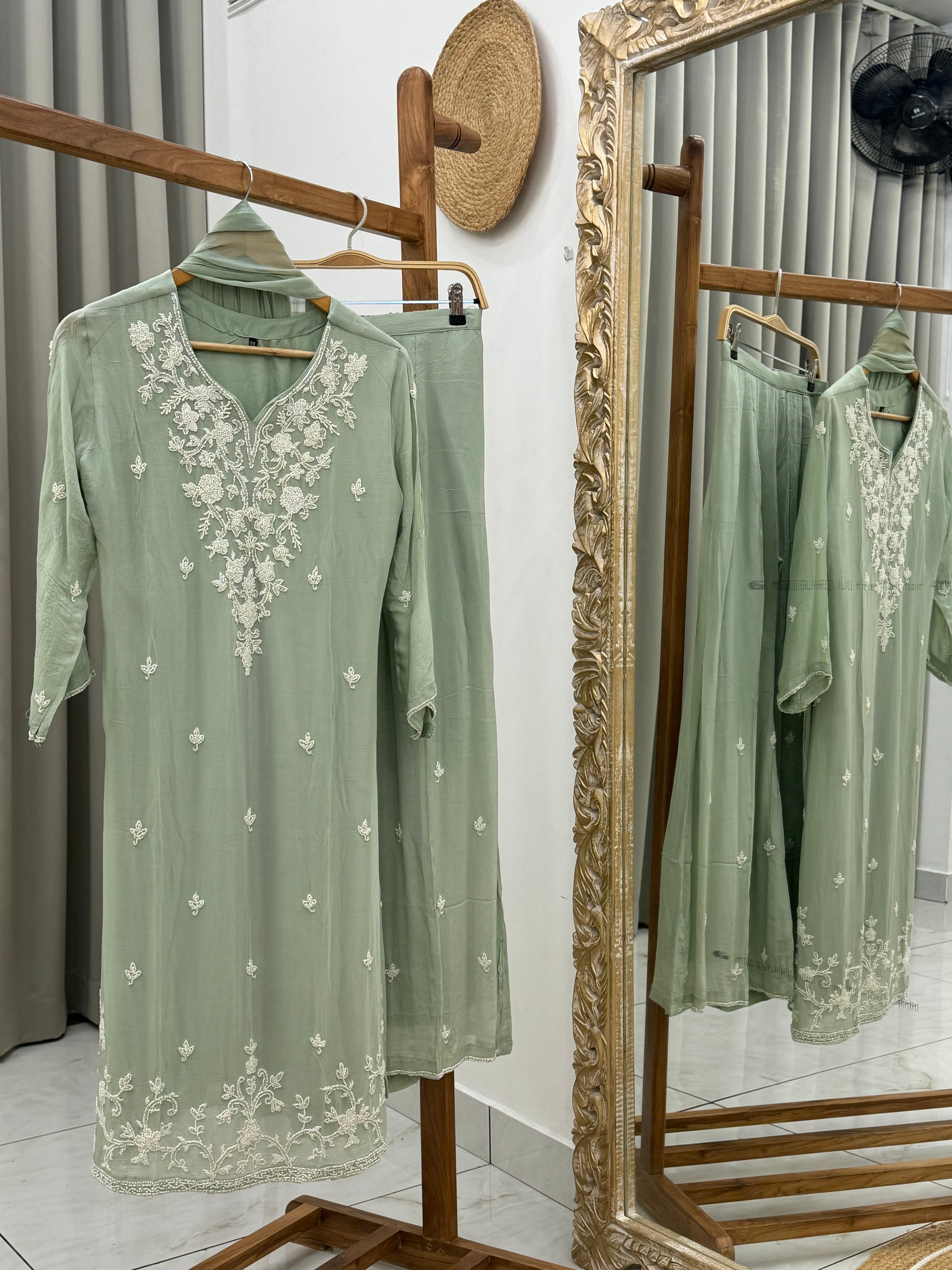 Chinnon pearl work suit-with embroidered wide palazzo