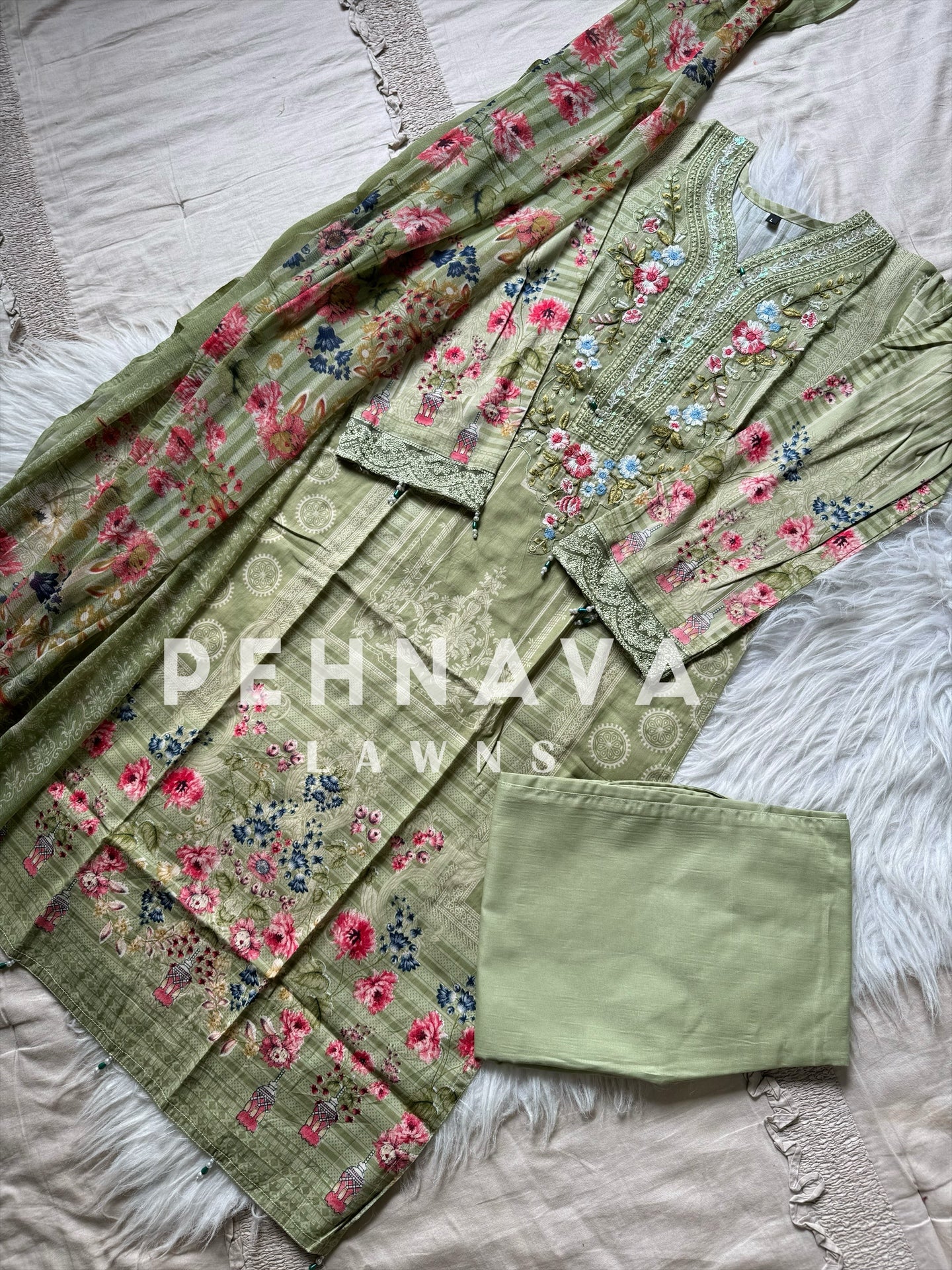 Paki printed suit with embroidered patches -1001