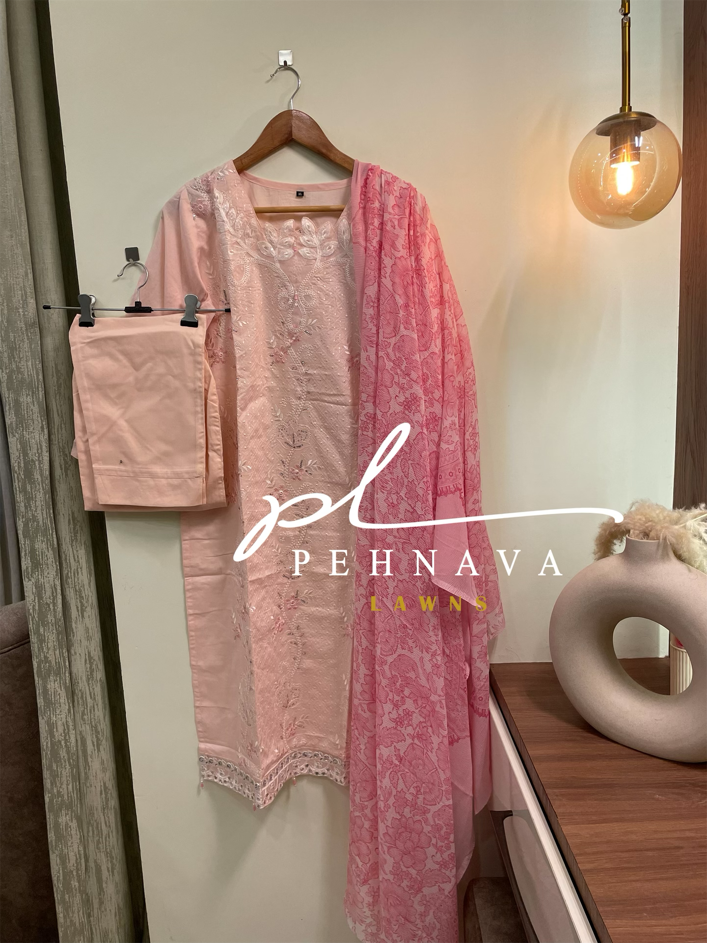 casual suit with chiffon dupatta with pearl hangings-3366