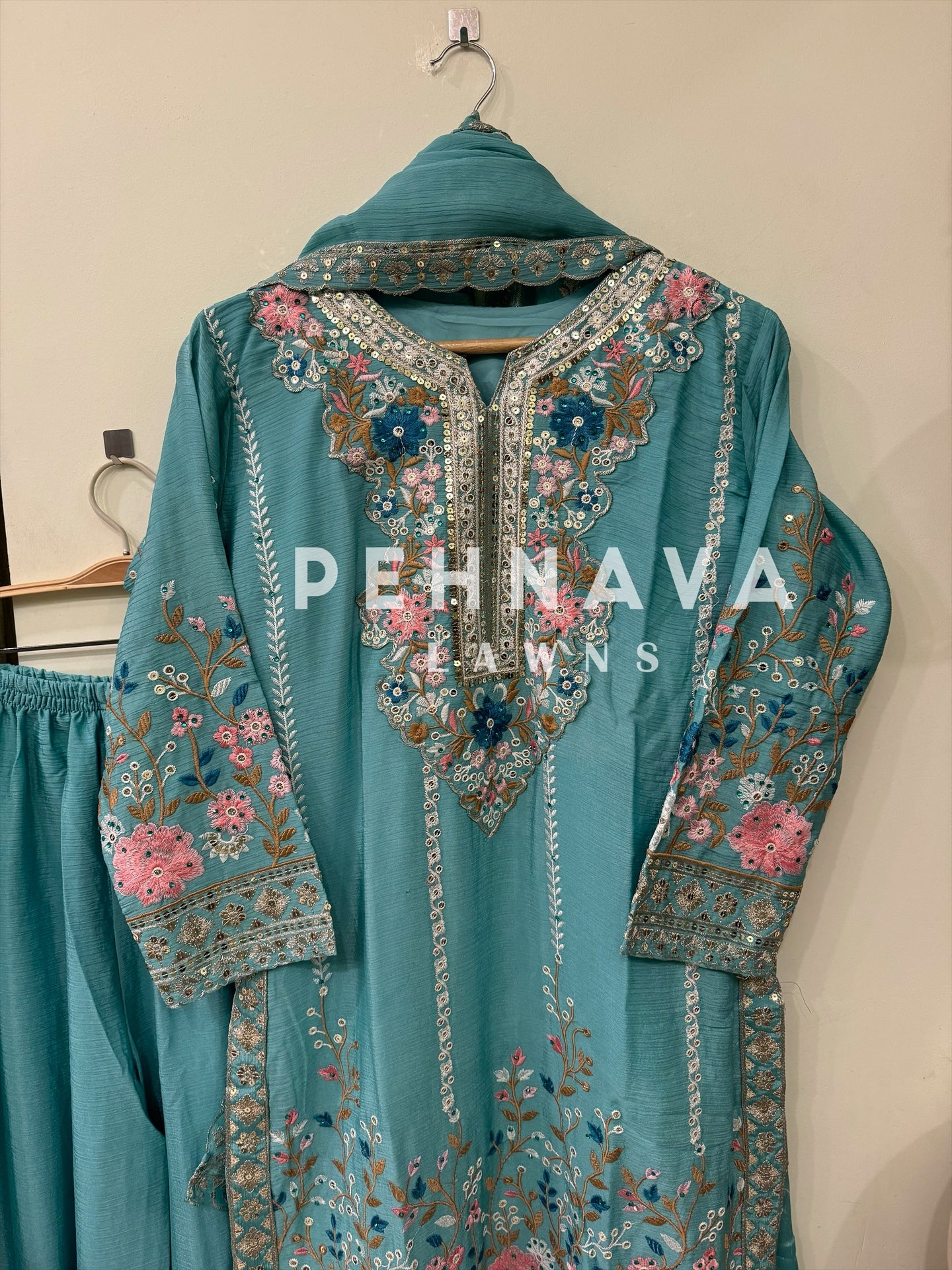 Chinnon embroidered ready to wear suit with wide palazzos-3 color options