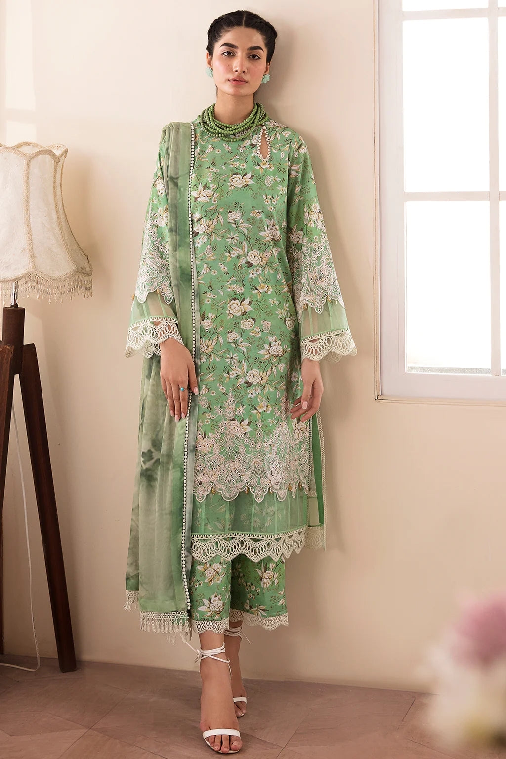 Self embroidered casual suit -green