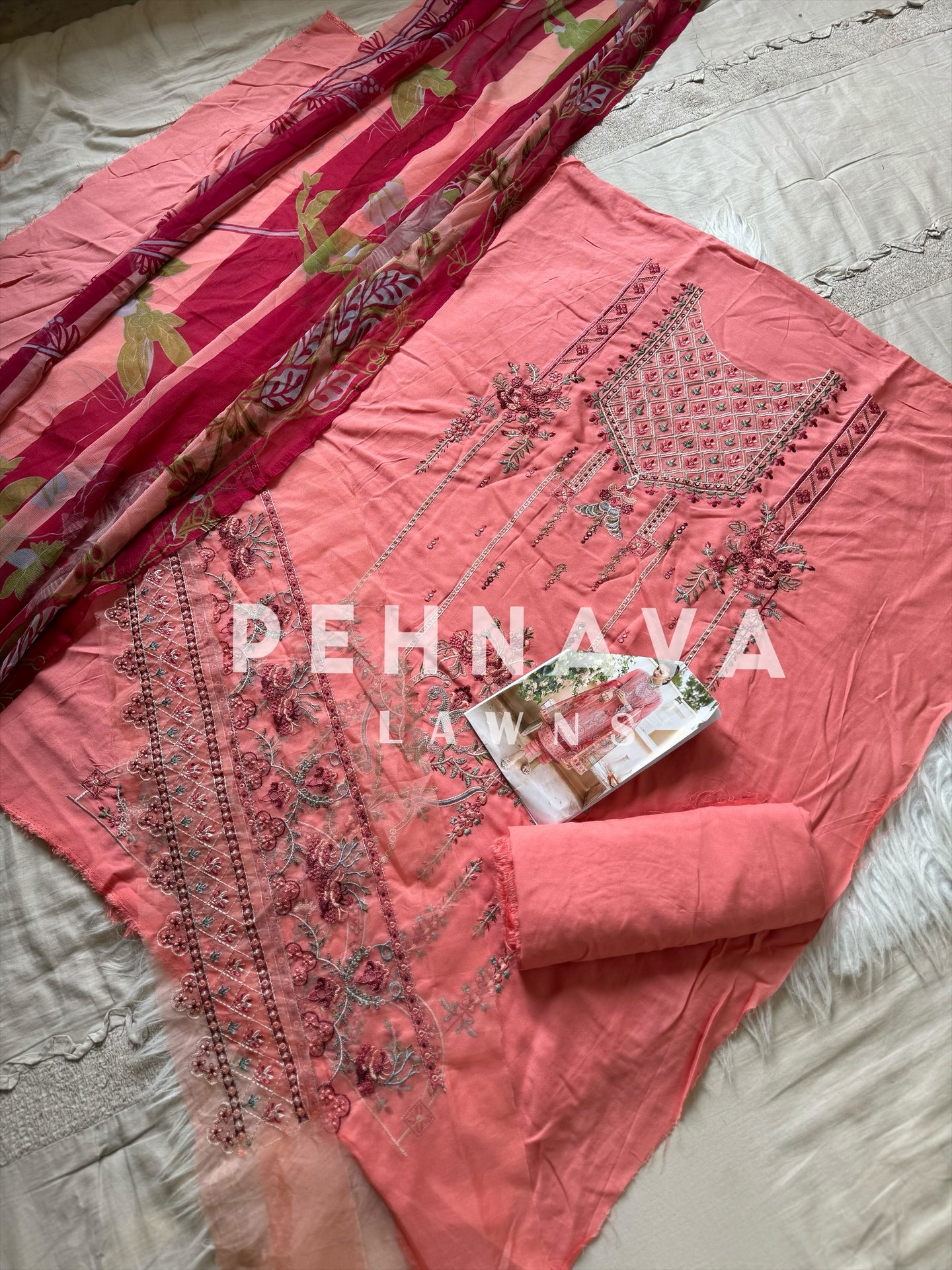 Embroidered cotton suit with chiffon dupatta - 3438