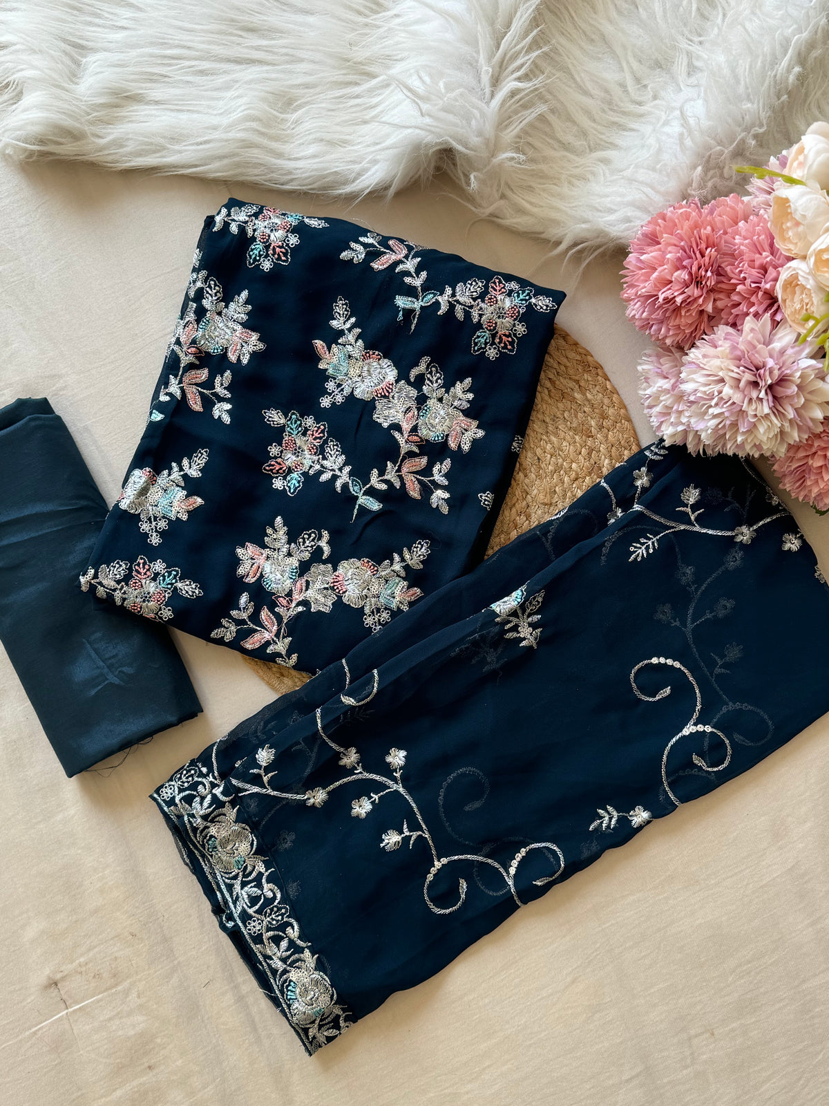 Chiffon embroidered party wear -navy blue