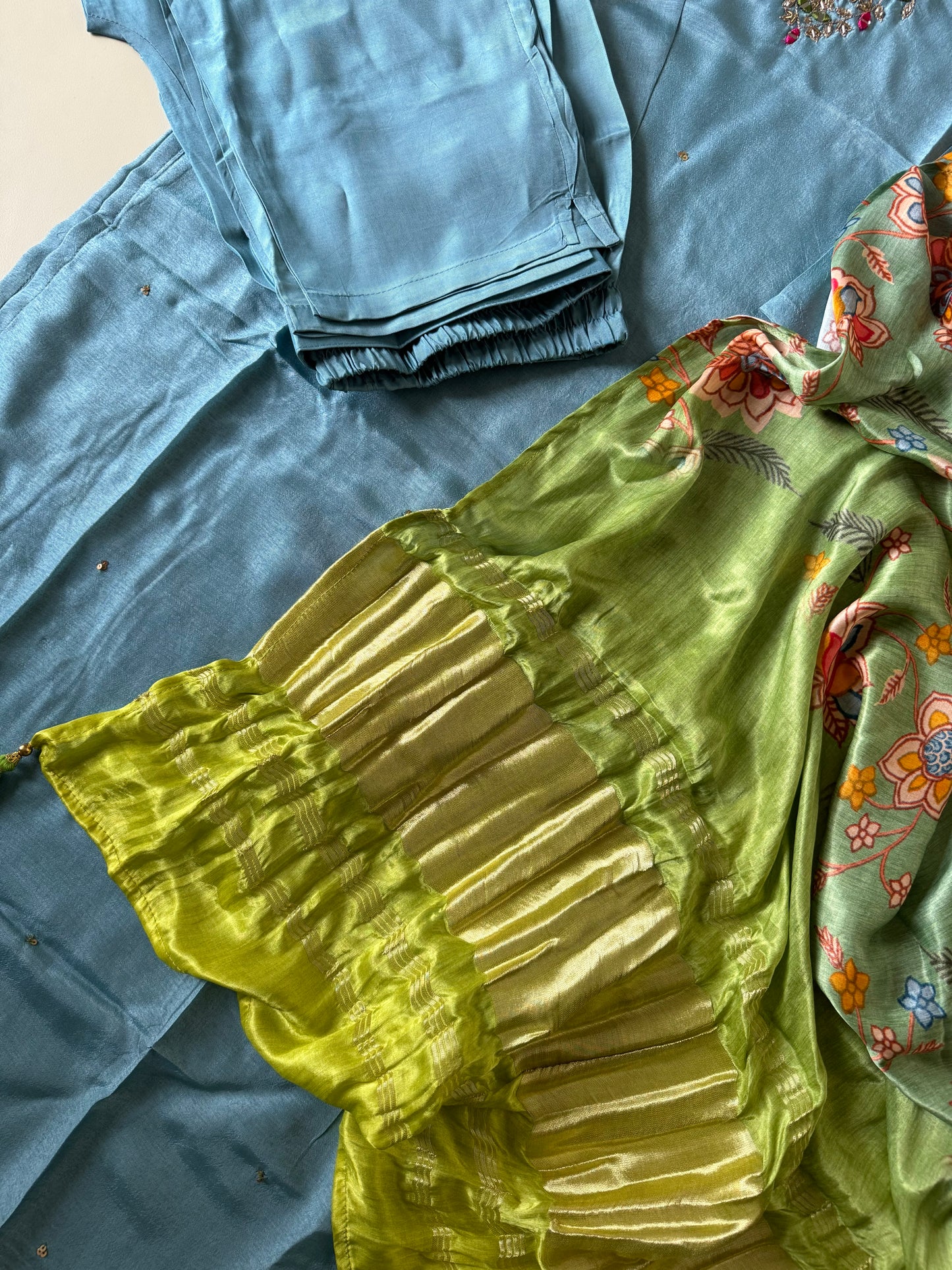 Silk hand detailed suit with gajji silk dupatta-green