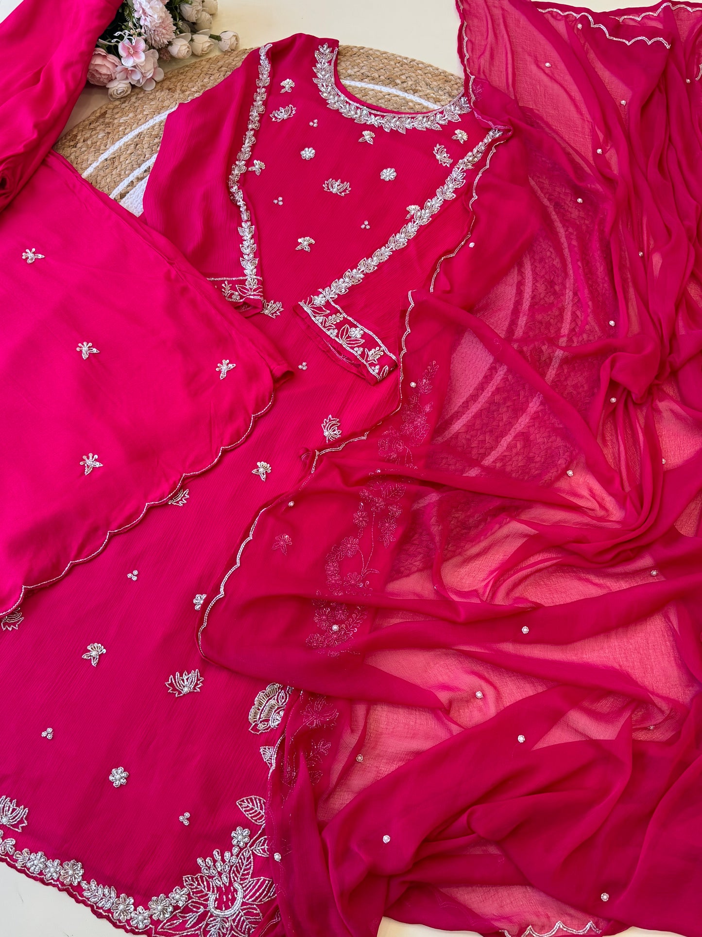 chinnon stitched suit with hand work detailings-hot pink