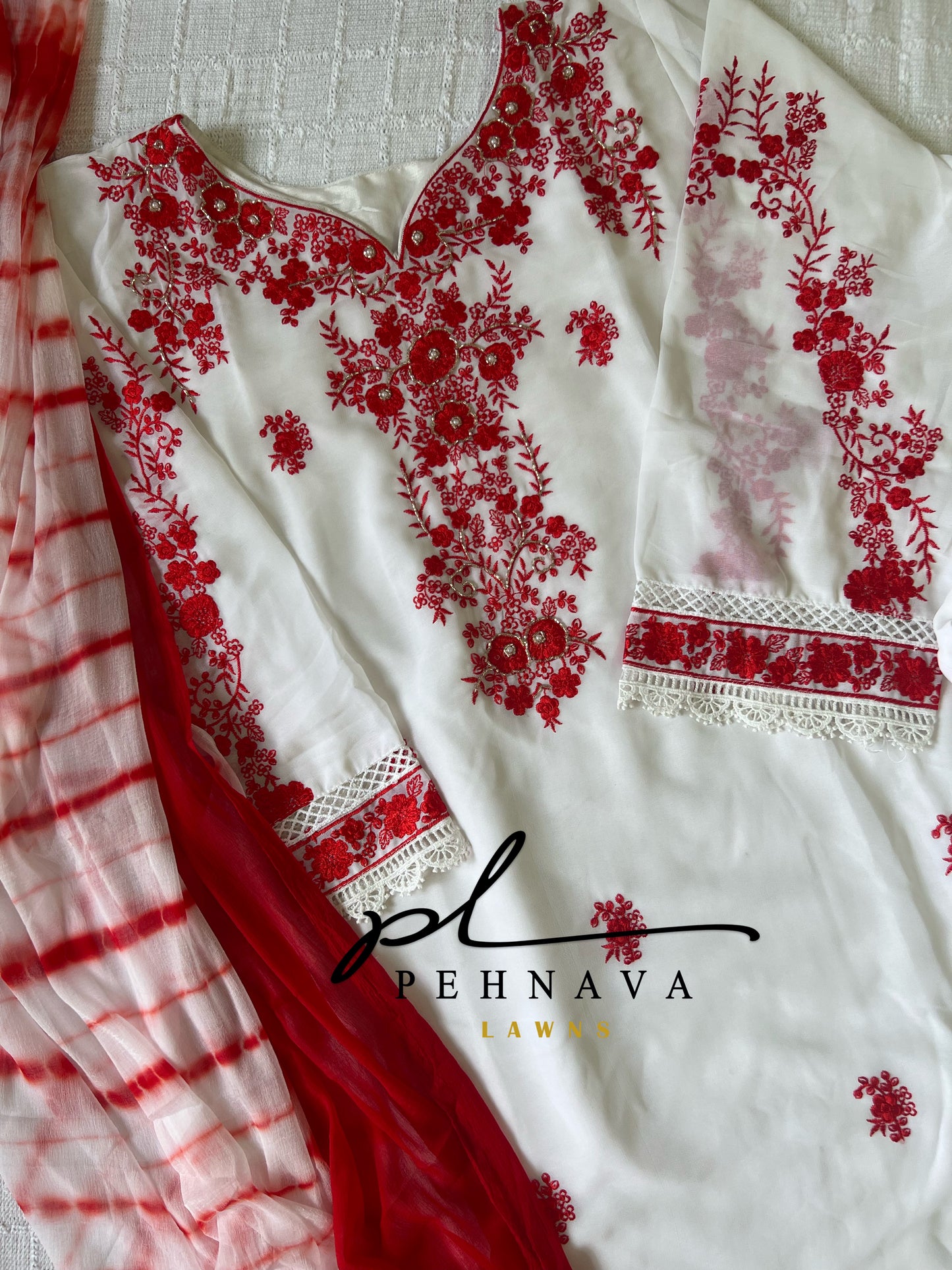 White and red handworked georgette suit