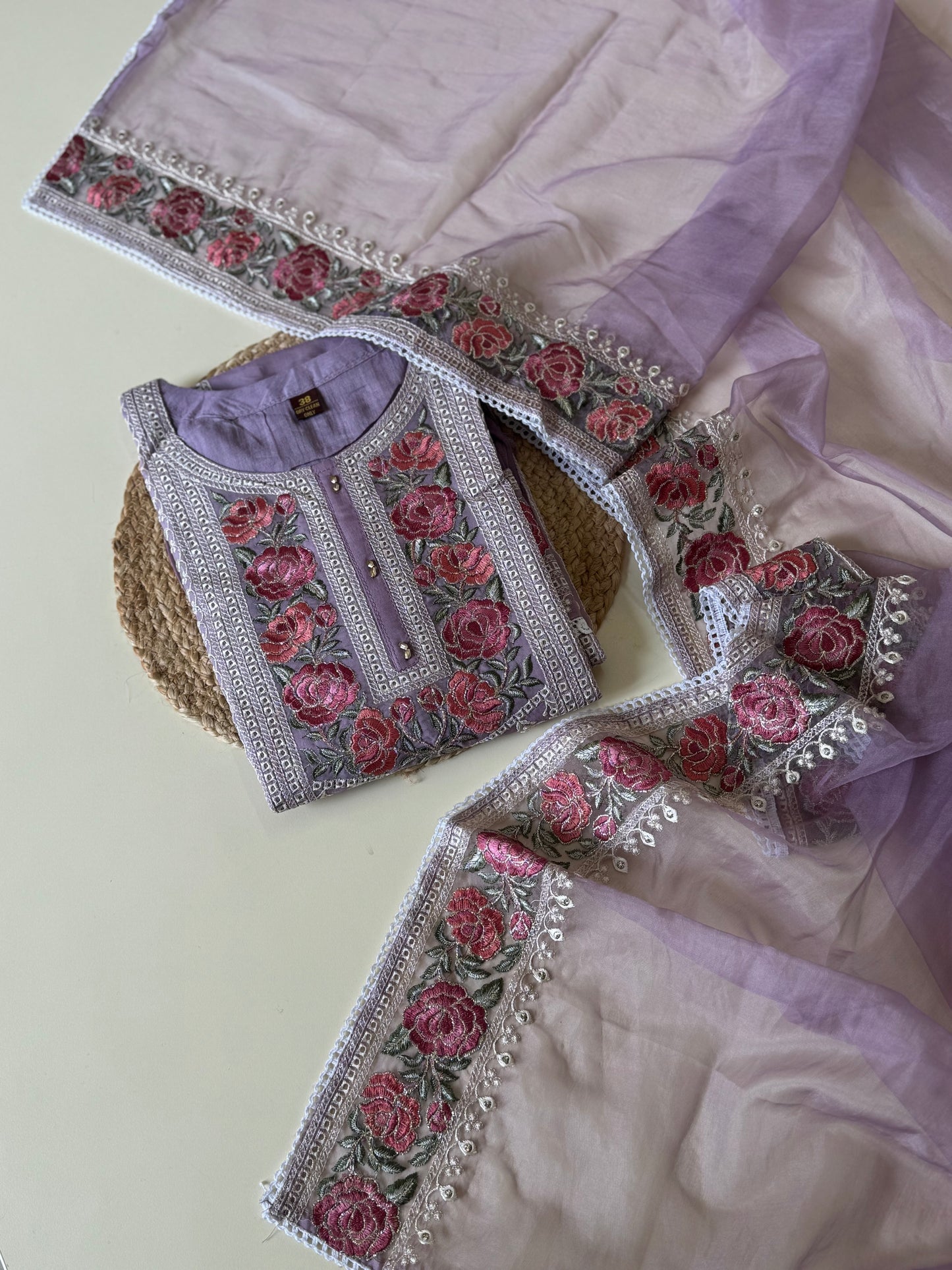 Pure organza embroidered suit-lavender