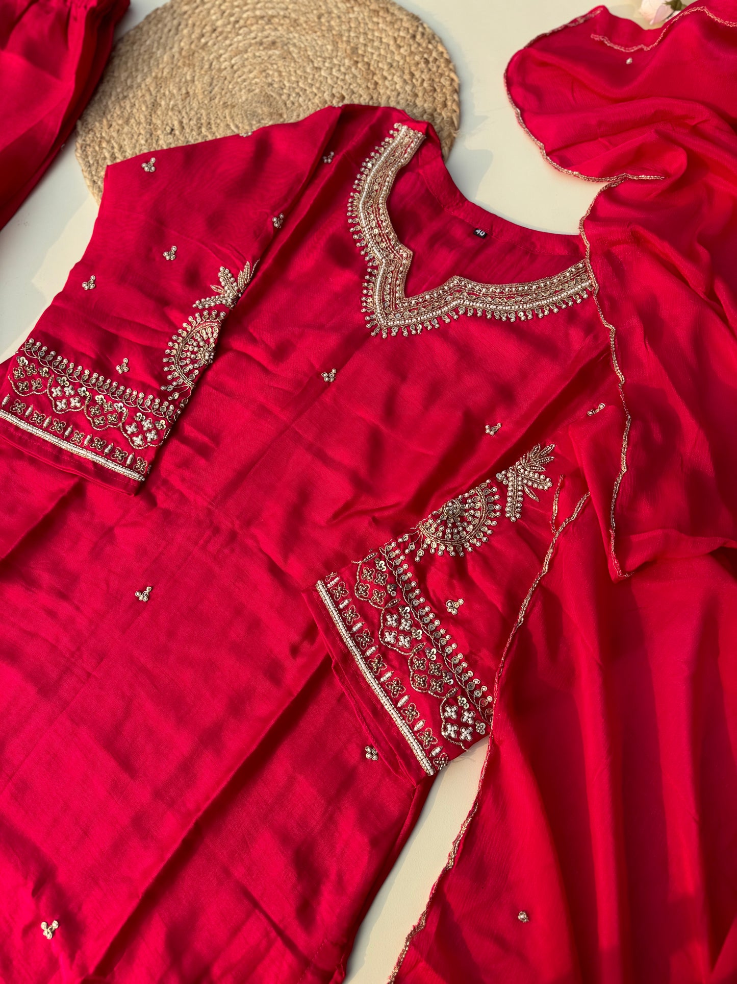 Silk stitched suit with neck detailing-gulabi